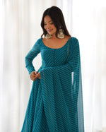 Thumbnail for Lorenvalley Fashion Women Pure Soft Faux Georgette Laheriya Print Fully Flair Anarkali Kurta Pant With Dupatta Set - Rama - Distacart