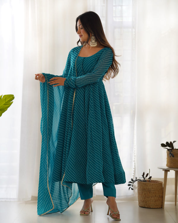 Lorenvalley Fashion Women Pure Soft Faux Georgette Laheriya Print Fully Flair Anarkali Kurta Pant With Dupatta Set - Rama - Distacart