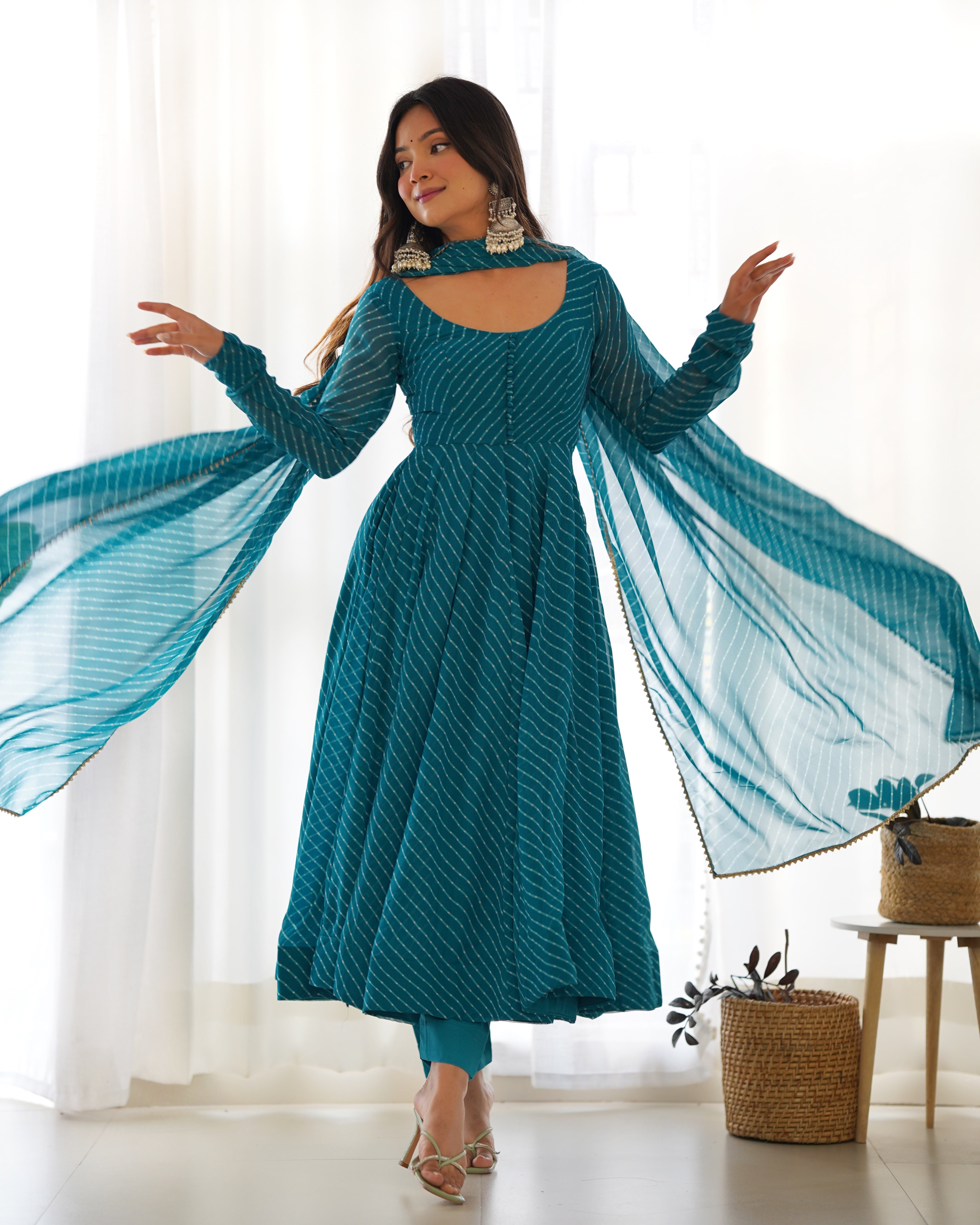 Lorenvalley Fashion Women Pure Soft Faux Georgette Laheriya Print Fully Flair Anarkali Kurta Pant With Dupatta Set - Rama - Distacart