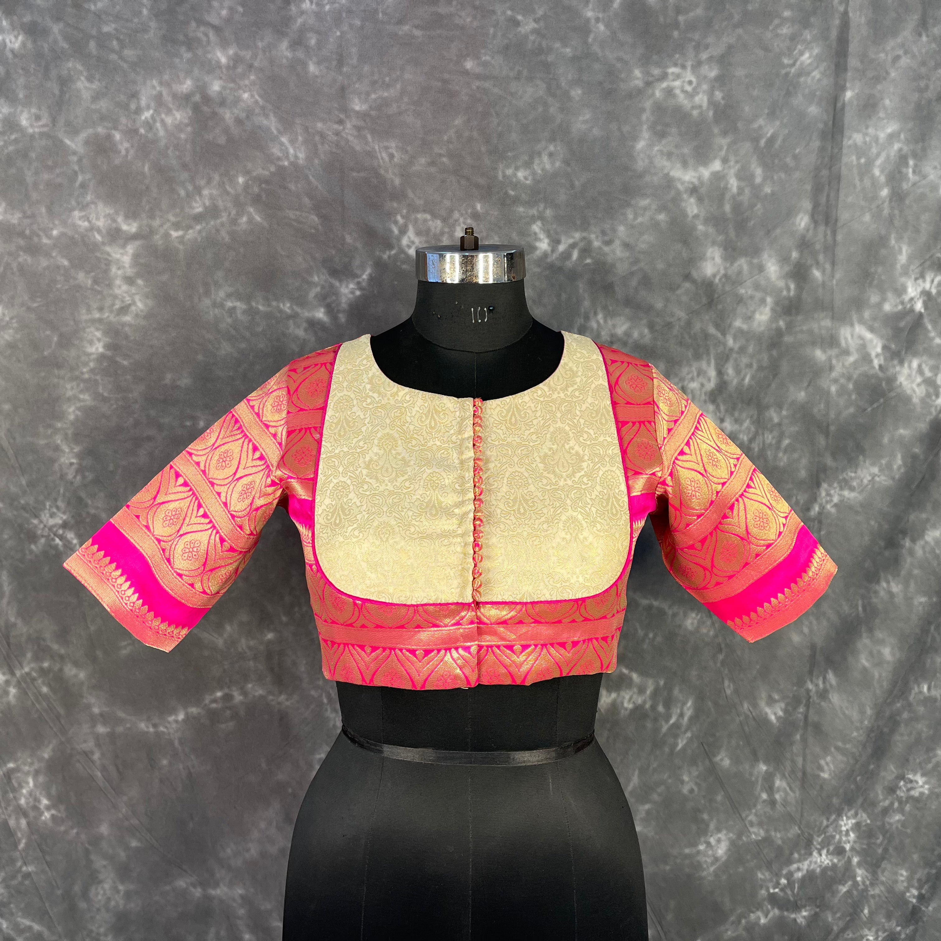 Icy Cool Pink Coloured Broket Silk Ready to Wear Blouse - kapda Tailor - Distacart