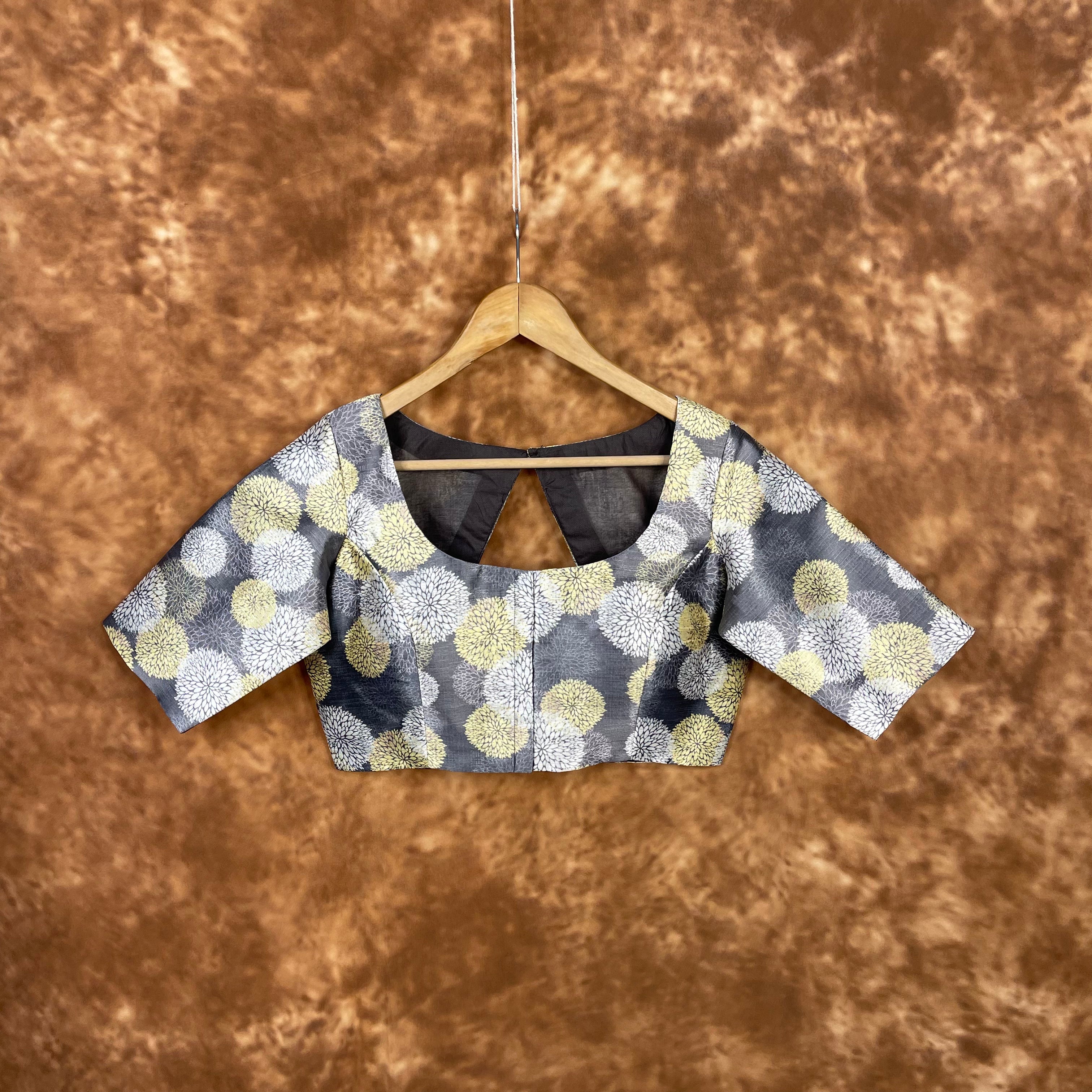 Multi Print Facade Ash Grey Coloured Silk Ready to Wear Blouse - kapda Tailor - Distacart