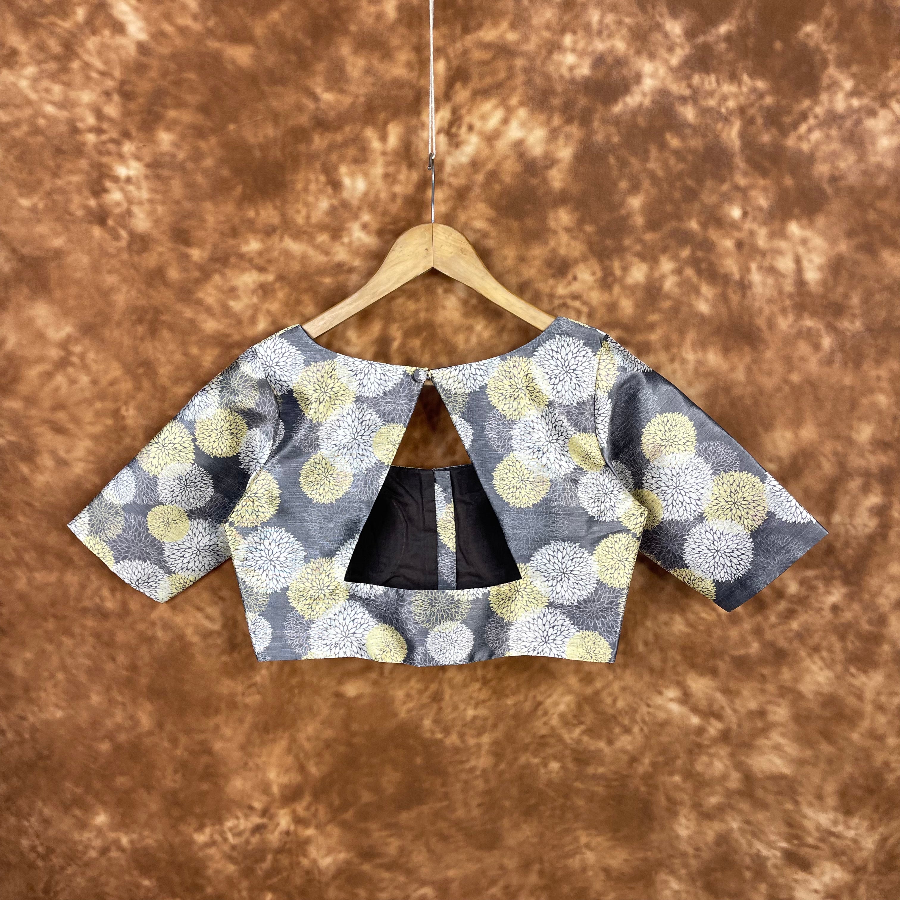 Multi Print Facade Ash Grey Coloured Silk Ready to Wear Blouse - kapda Tailor - Distacart