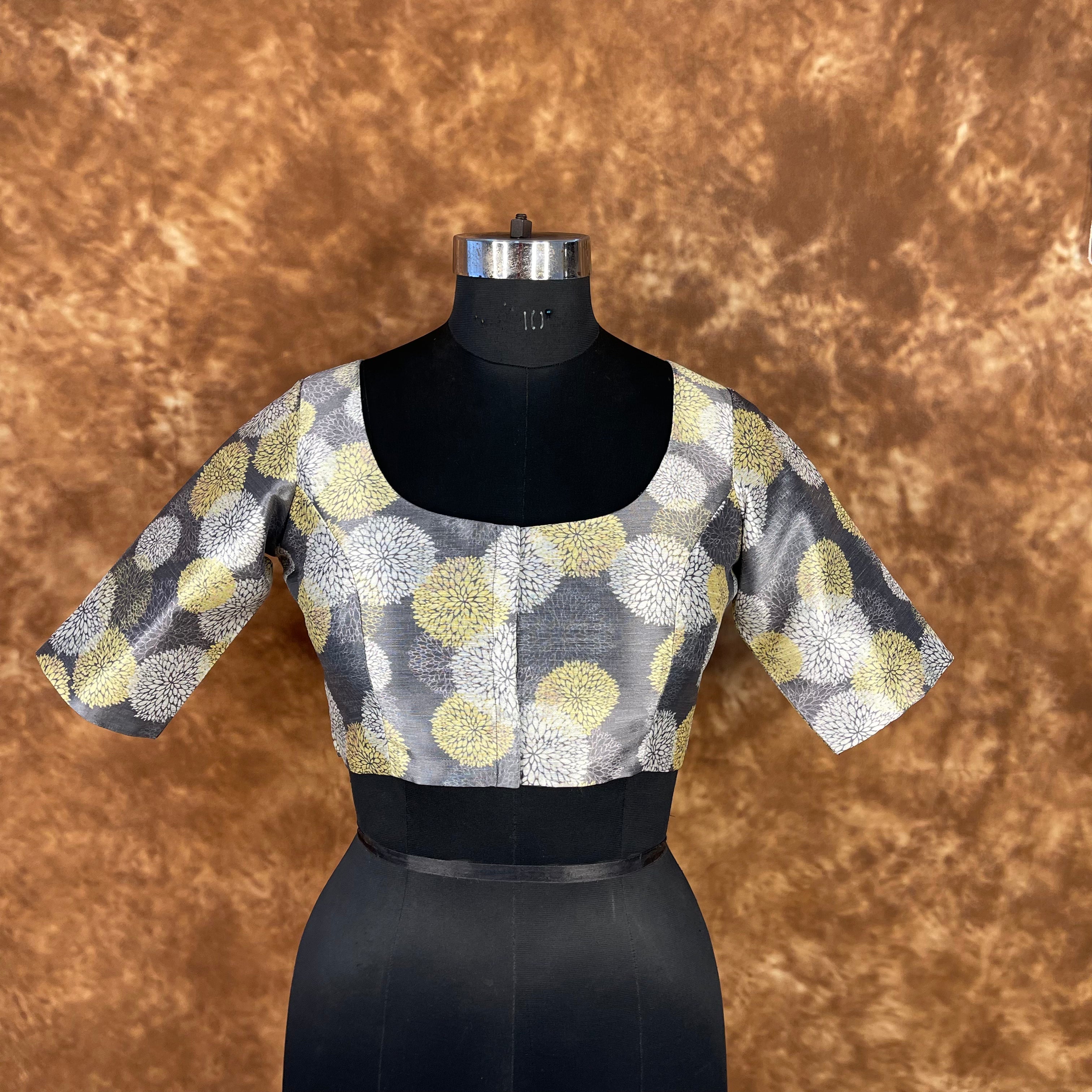 Multi Print Facade Ash Grey Coloured Silk Ready to Wear Blouse - kapda Tailor - Distacart