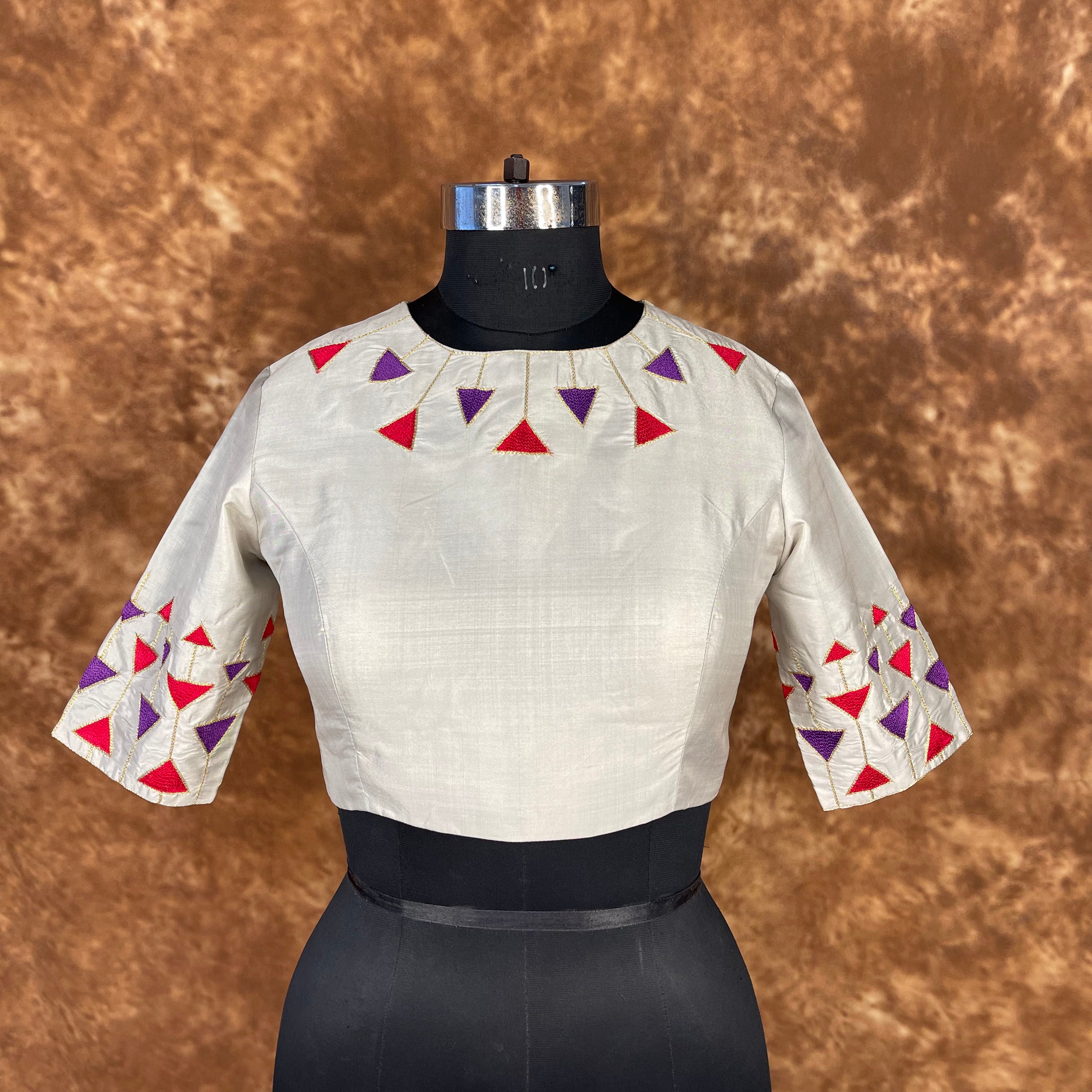 Silk Triangle Cream Coloured Silk Ready to Wear Blouse - kapda Tailor - Distacart