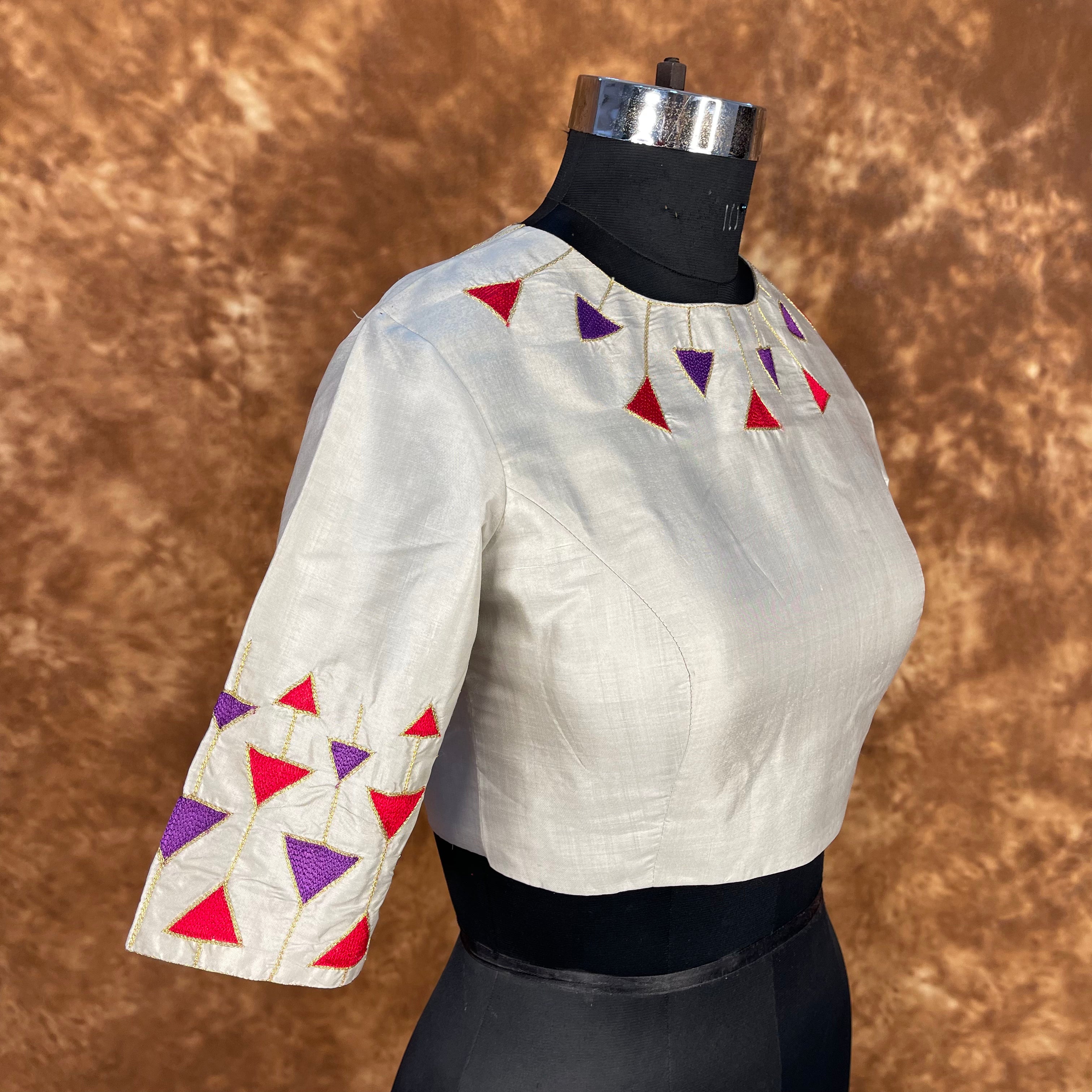 Silk Triangle Cream Coloured Silk Ready to Wear Blouse - kapda Tailor - Distacart