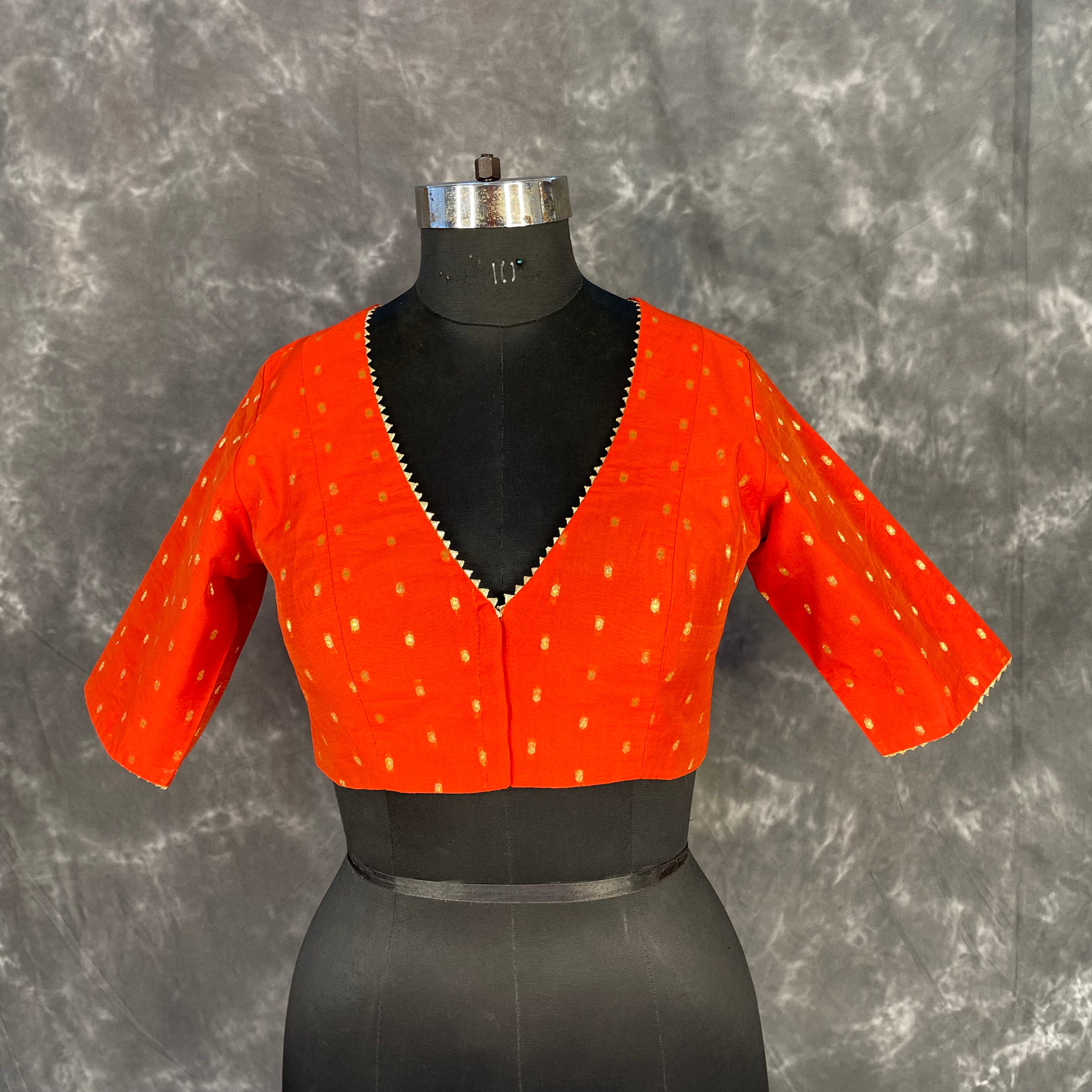 Rakhtbeej Medium Burnt Orange Coloured Chanderi with Gold Butta Weaving Ready to Wear Blouse - kapda Tailor - Distacart