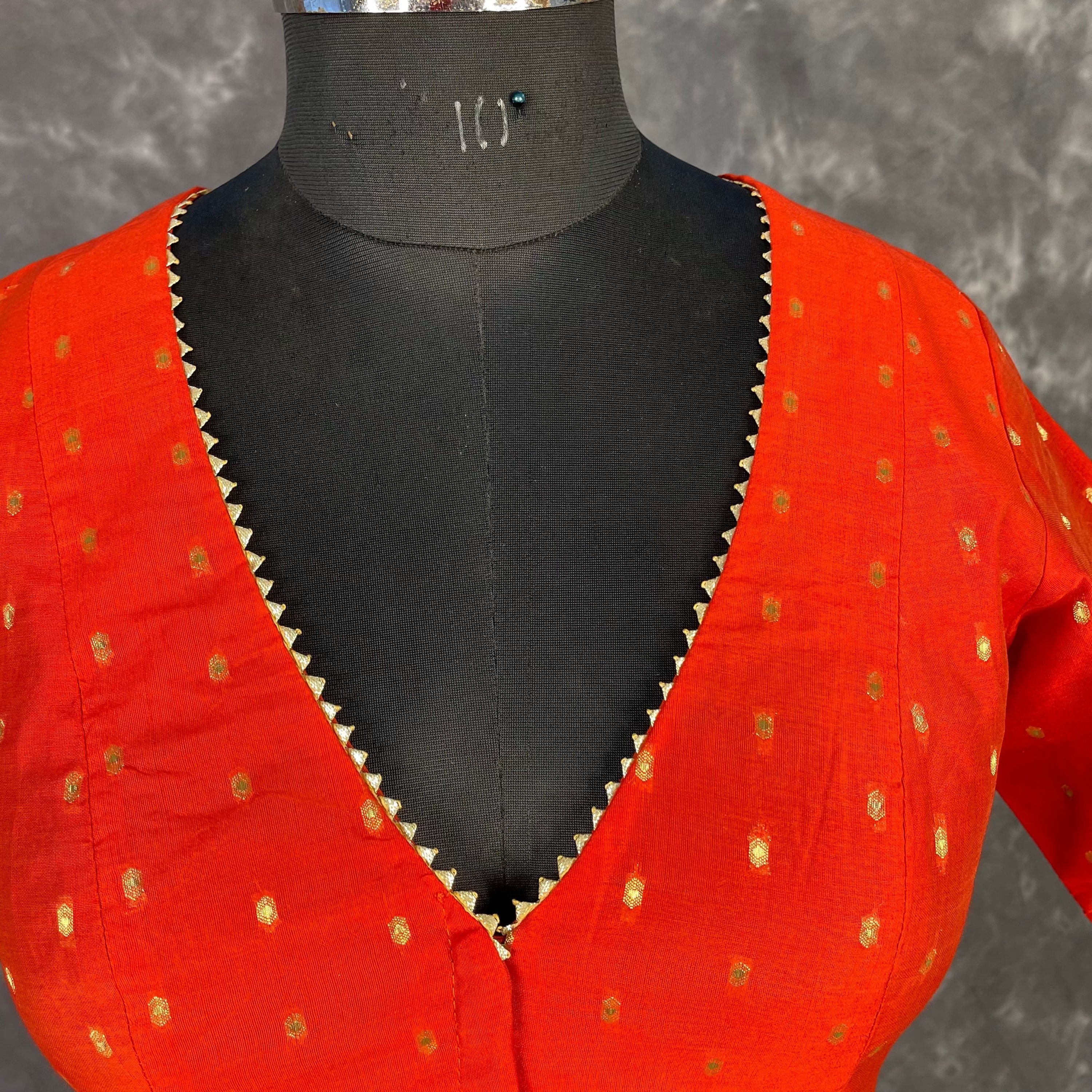 Rakhtbeej Medium Burnt Orange Coloured Chanderi with Gold Butta Weaving Ready to Wear Blouse - kapda Tailor - Distacart