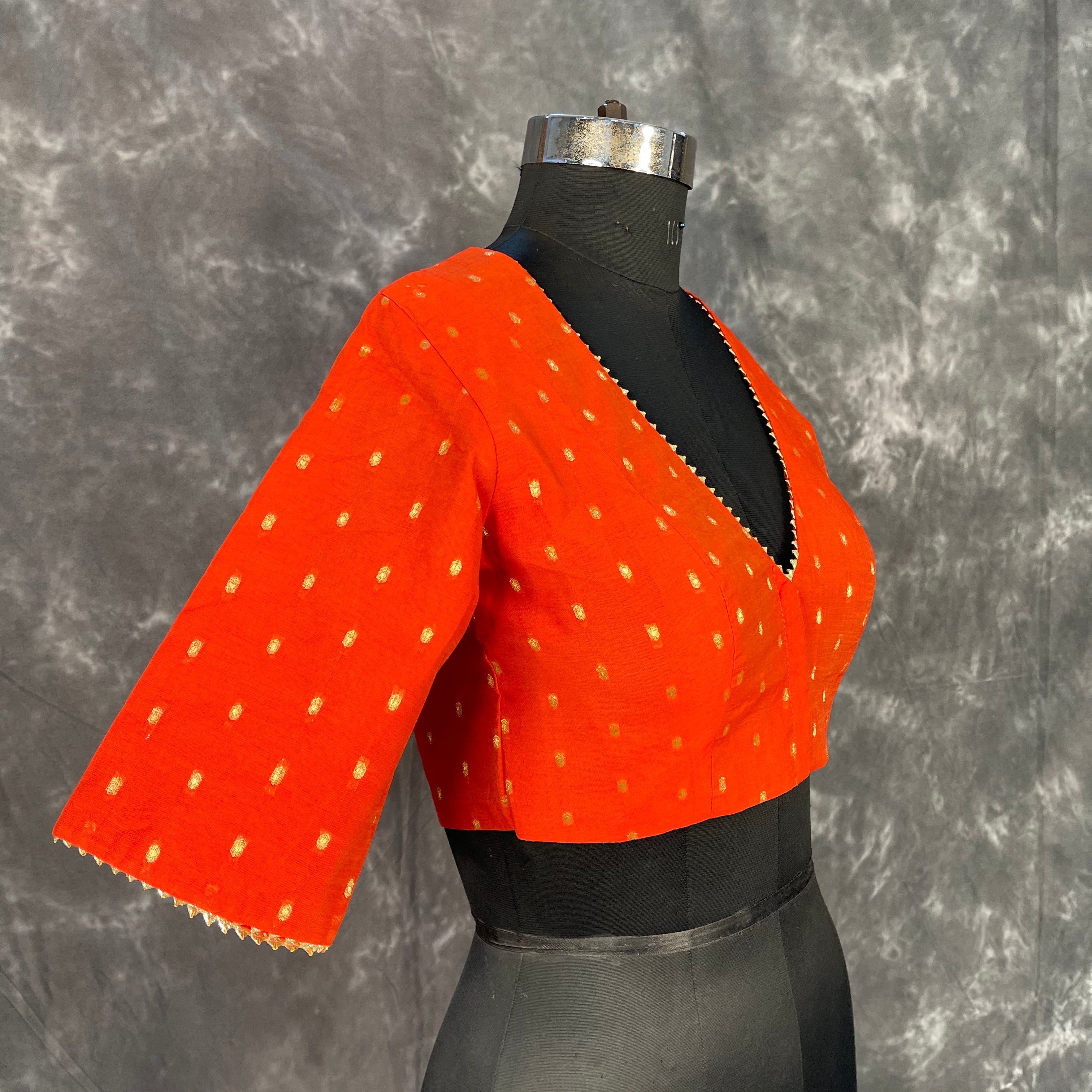 Rakhtbeej Medium Burnt Orange Coloured Chanderi with Gold Butta Weaving Ready to Wear Blouse - kapda Tailor - Distacart