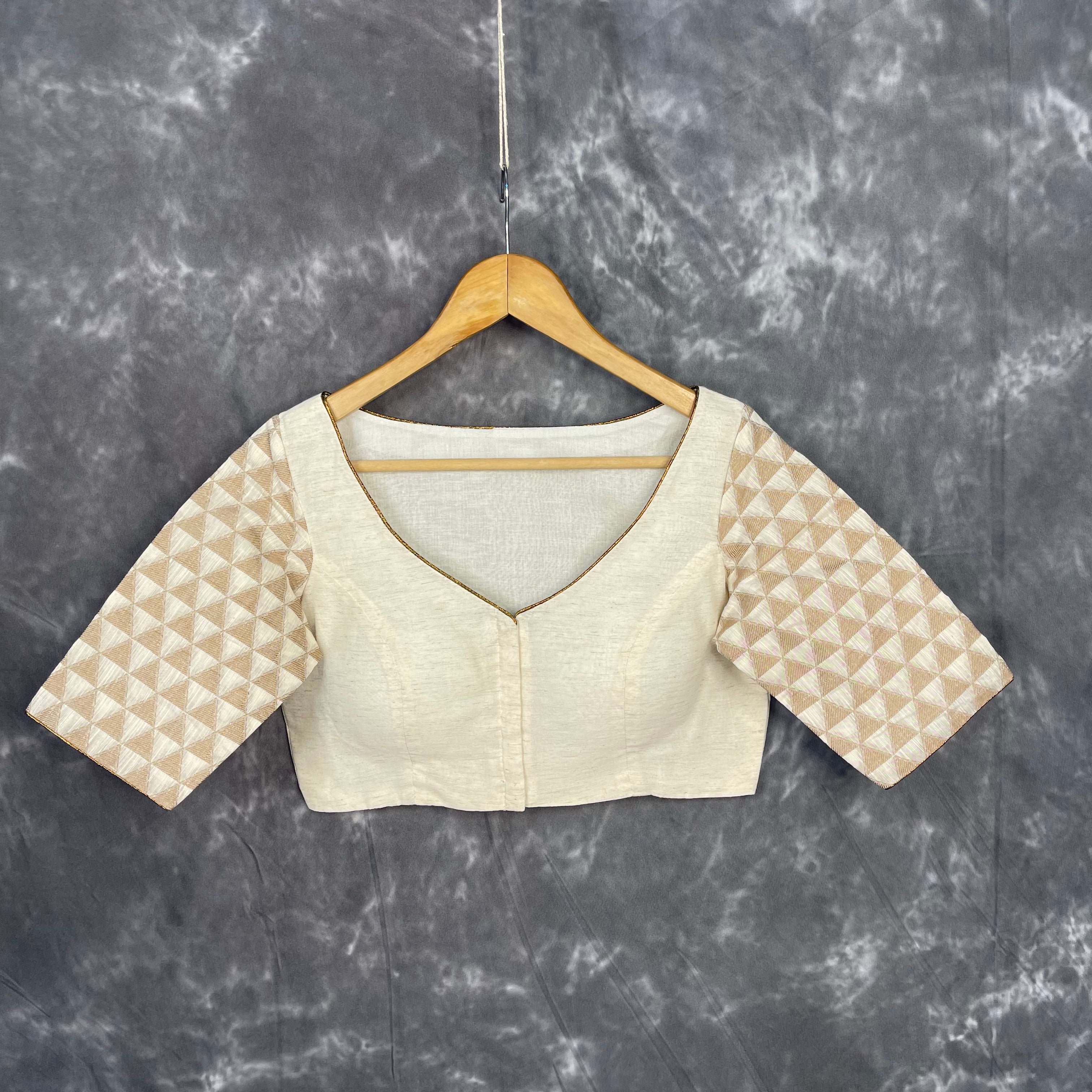 Barf Ki Saugat Cream Coloured Chanderi Cotton & Chanderi Broket Ready to Wear Blouse - kapda Tailor - Distacart