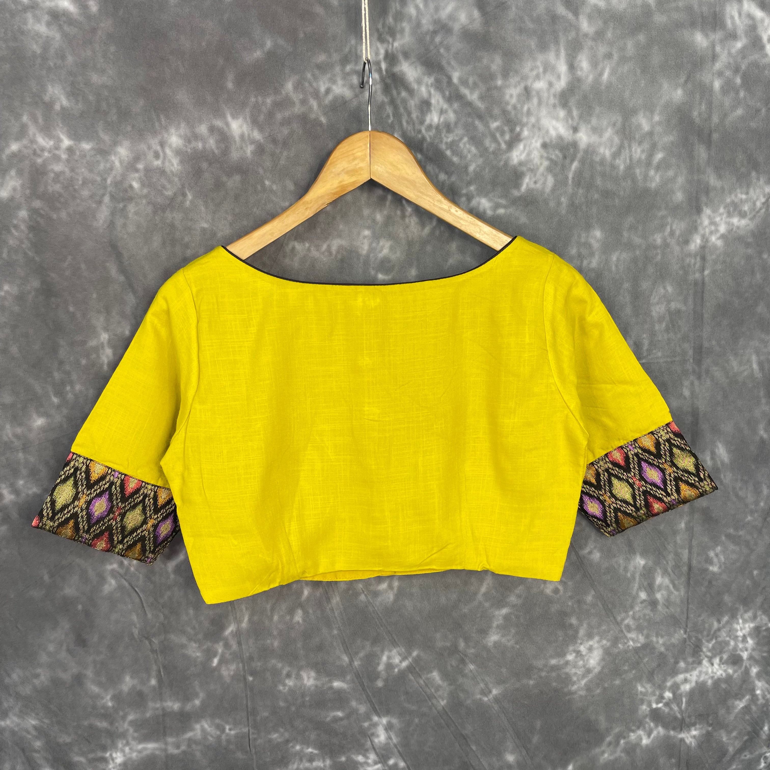 Kachha Nimboo Lemon Yellow Coloured Cotton /Jackard Ready to Wear Blouse - kapda Tailor - Distacart