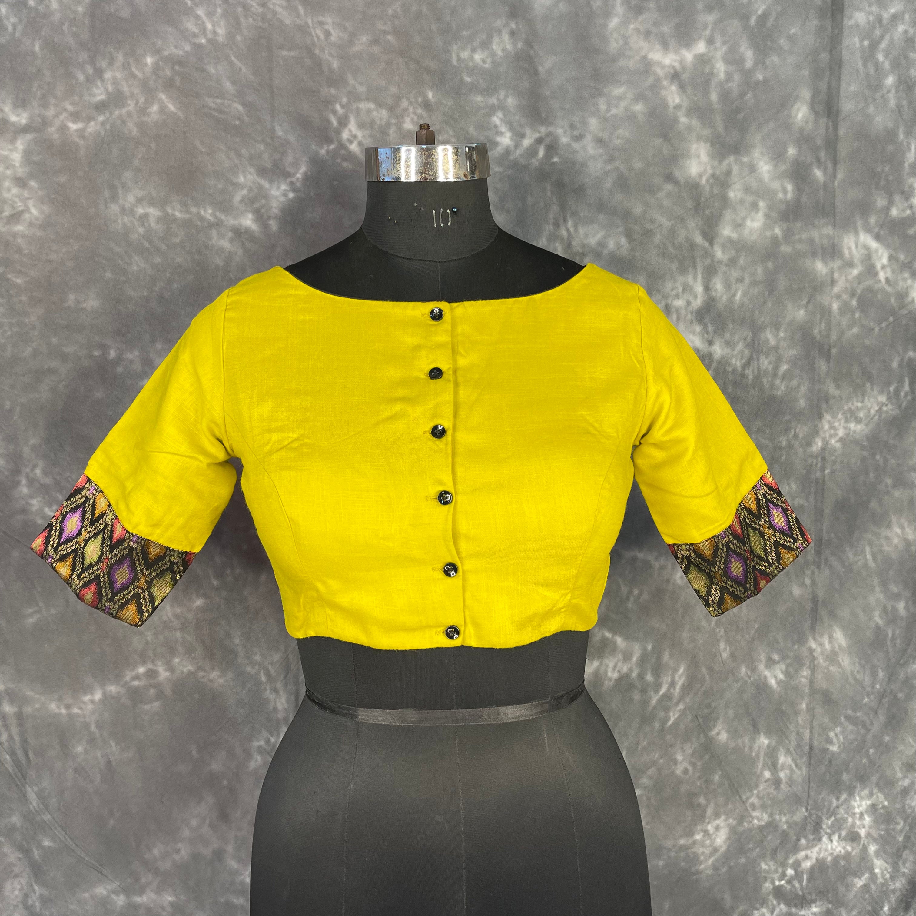 Kachha Nimboo Lemon Yellow Coloured Cotton /Jackard Ready to Wear Blouse - kapda Tailor - Distacart