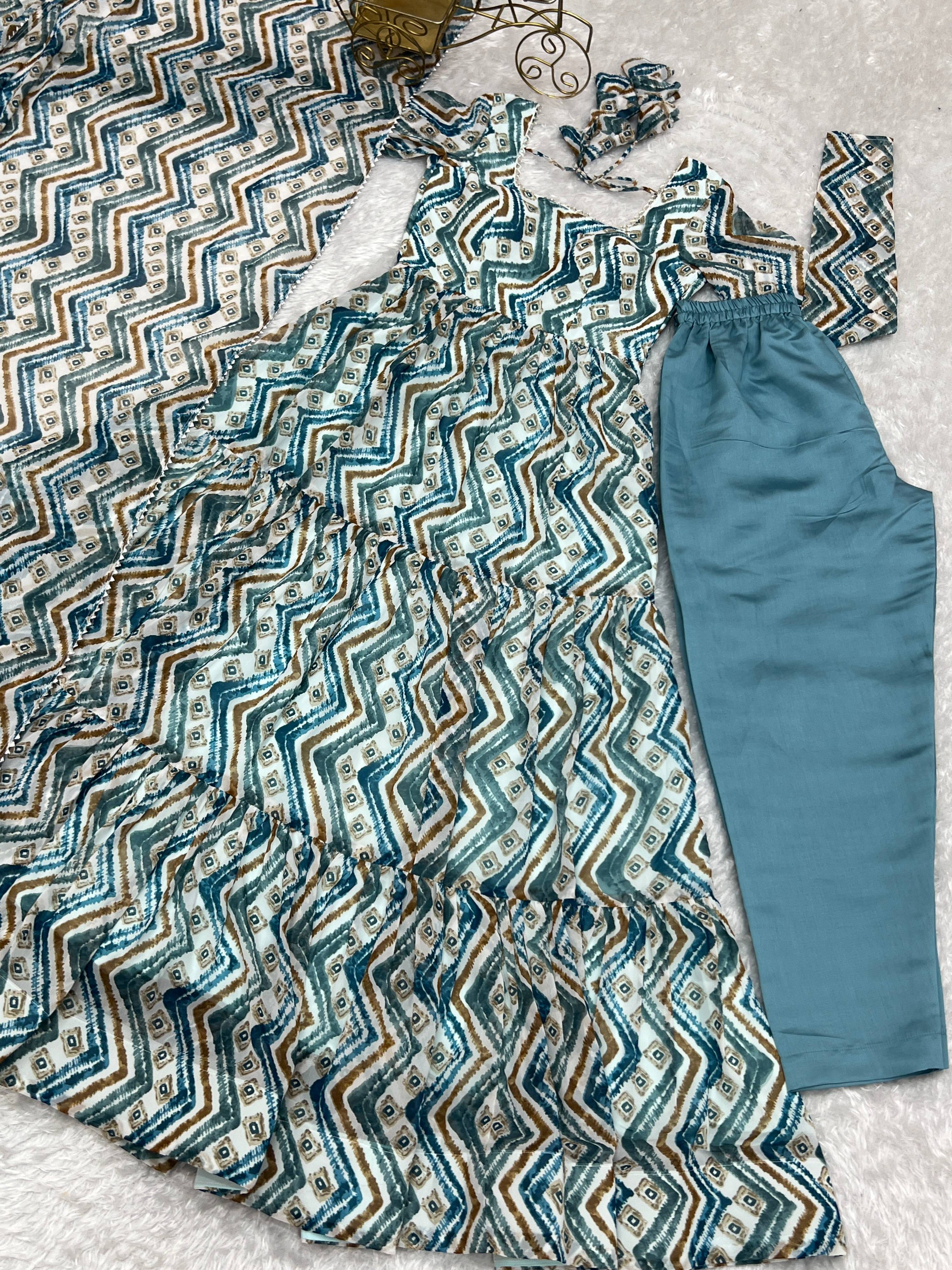 Lorenvalley Fashion Skyblue Pure Faux Georgette Zigzag Print Fully Flair Anarkali Pant With Dupatta - Skyblue - Distacart