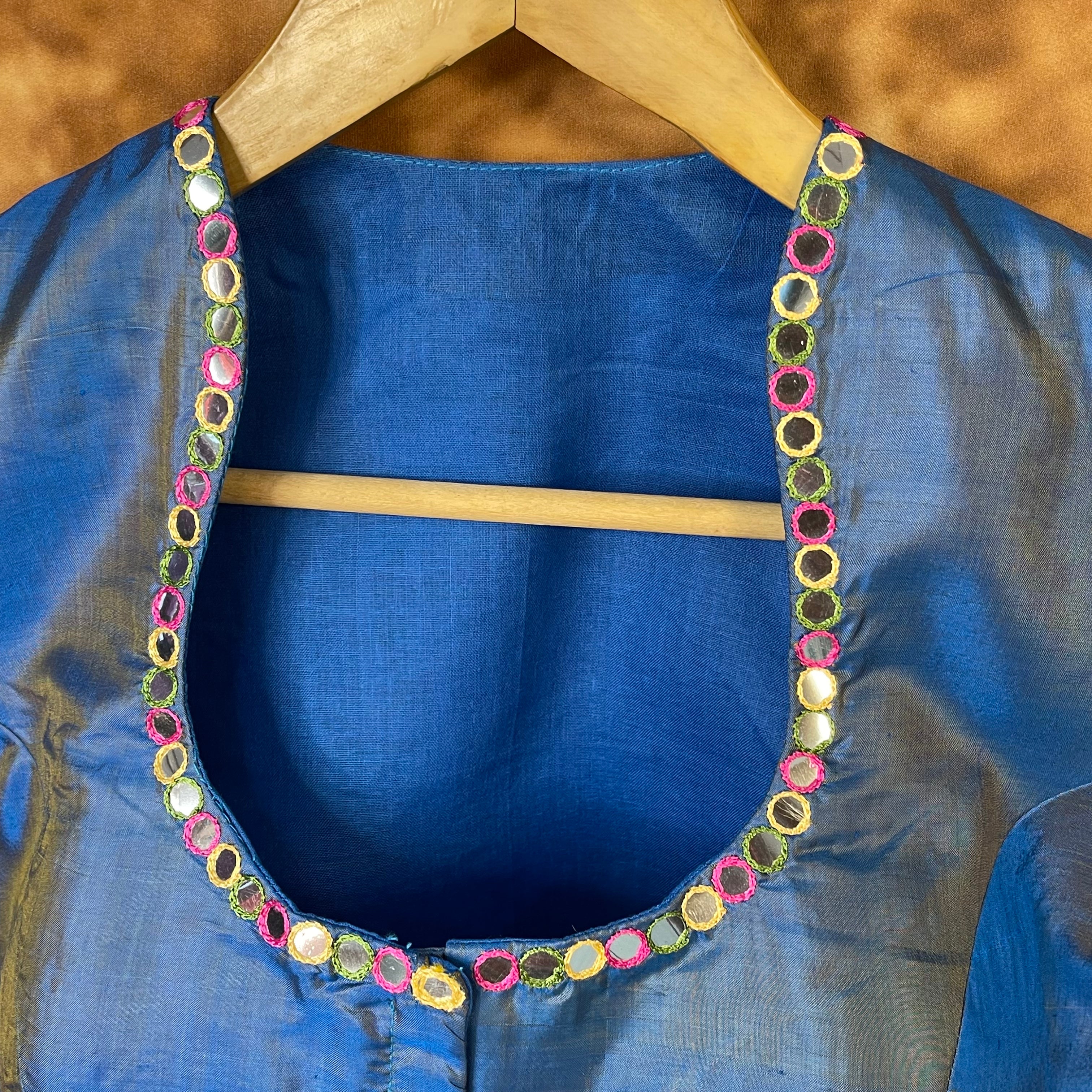 Aurelia Blue Blue Coloured Silk Ready to Wear Blouse - kapda Tailor - Distacart