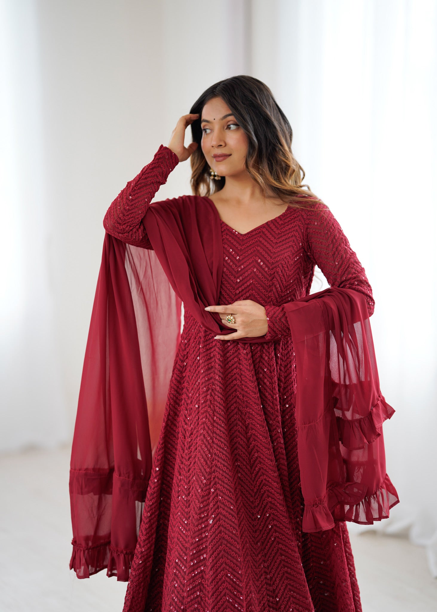 Evanik Maroon Heavy Faux Georgette With Lucknowi Work Anarkali Suit - Distacart
