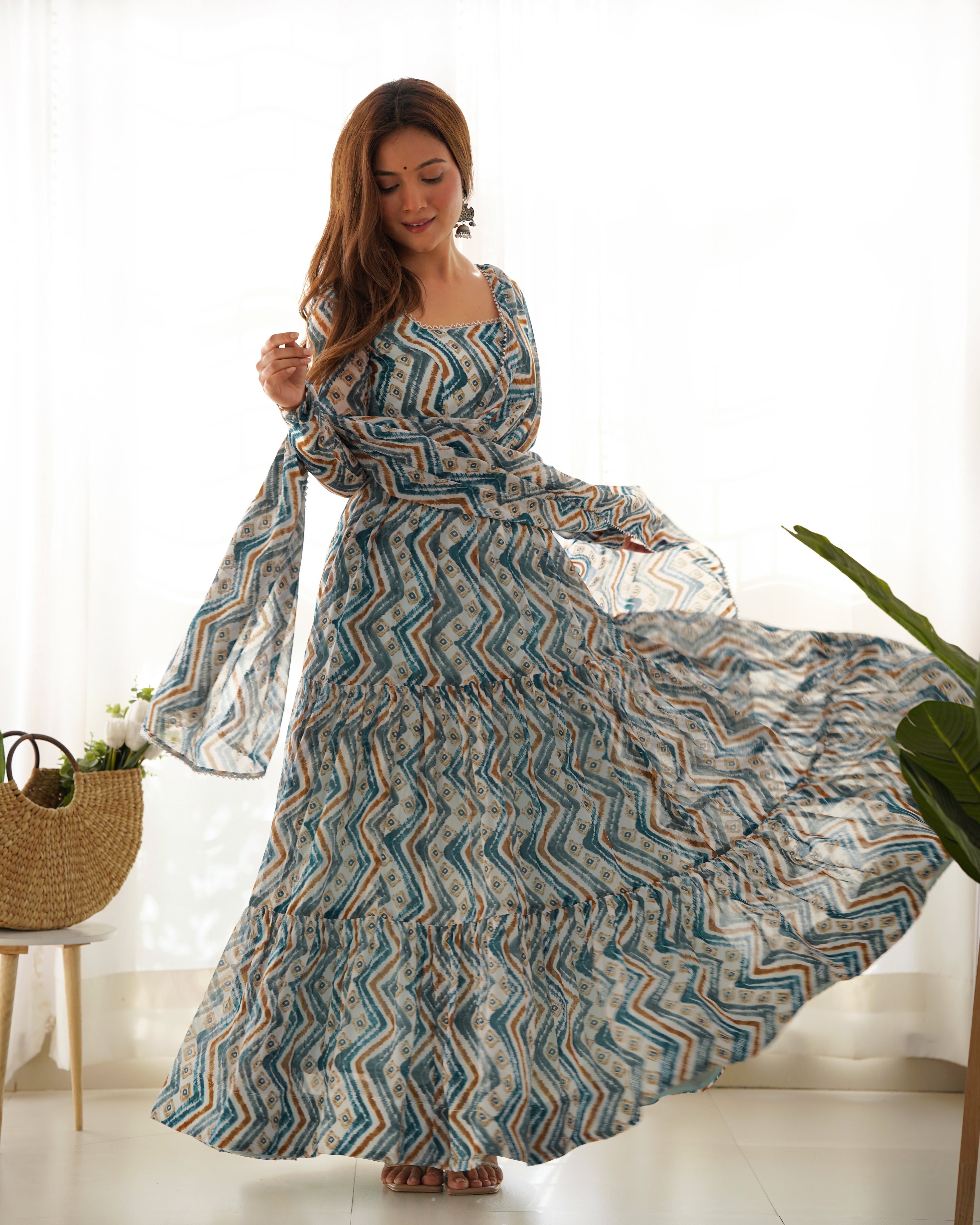 Lorenvalley Fashion Skyblue Pure Faux Georgette Zigzag Print Fully Flair Anarkali Pant With Dupatta - Skyblue - Distacart