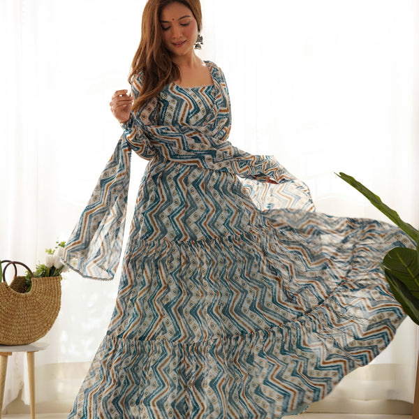 Lorenvalley Fashion Skyblue Pure Faux Georgette Zigzag Print Fully Flair Anarkali Pant With Dupatta - Skyblue - Distacart