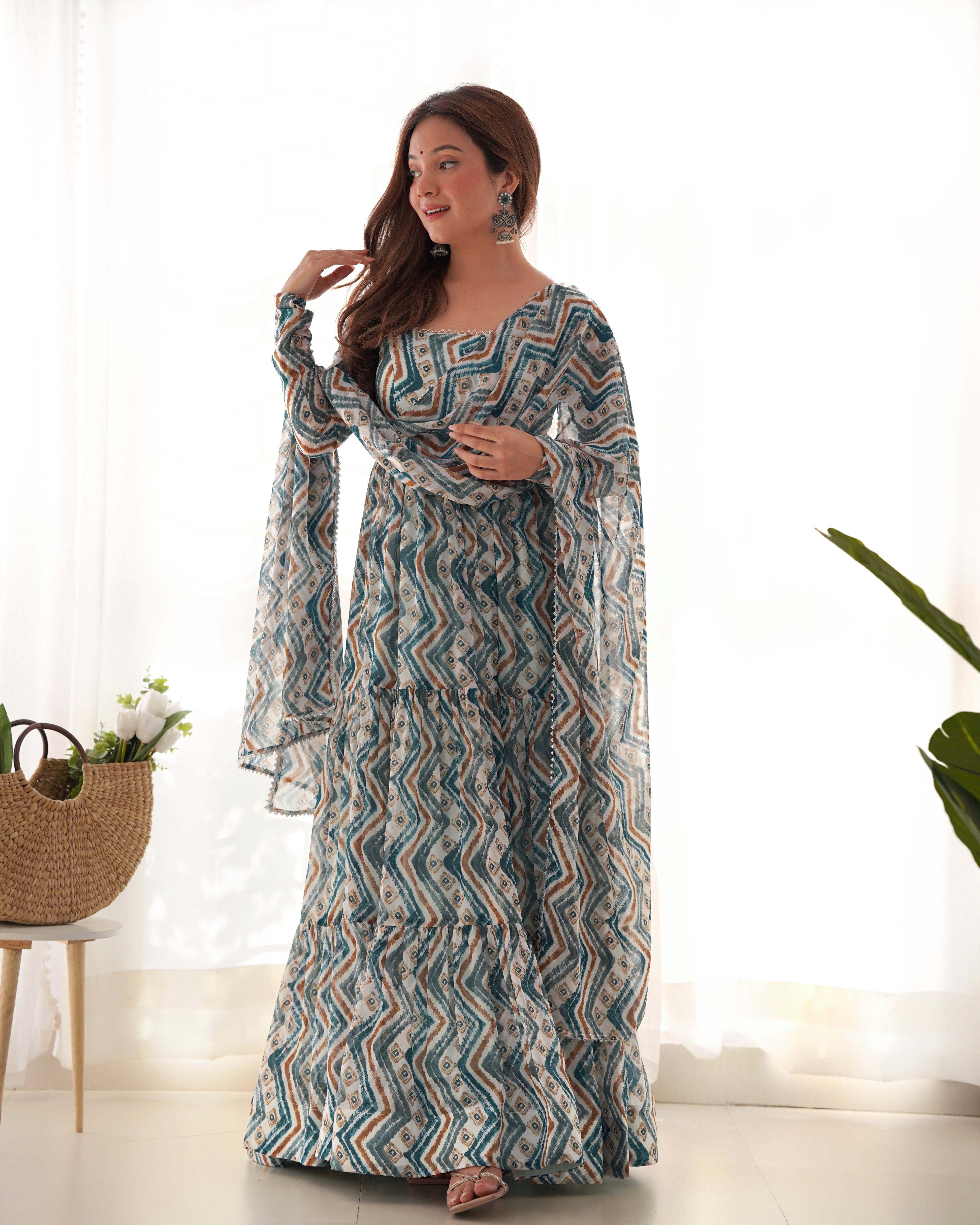 Lorenvalley Fashion Skyblue Pure Faux Georgette Zigzag Print Fully Flair Anarkali Pant With Dupatta - Skyblue - Distacart