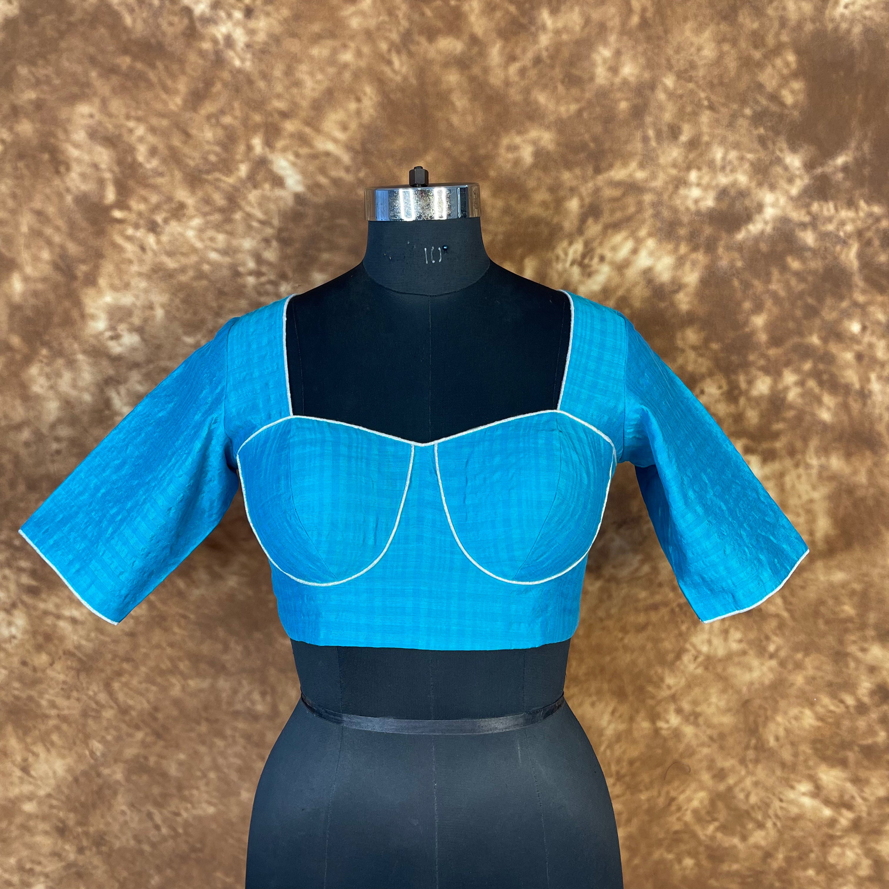 Streaks of Blue Light Blue Coloured Chanderi Silk Ready to Wear Blouse - kapda Tailor - Distacart