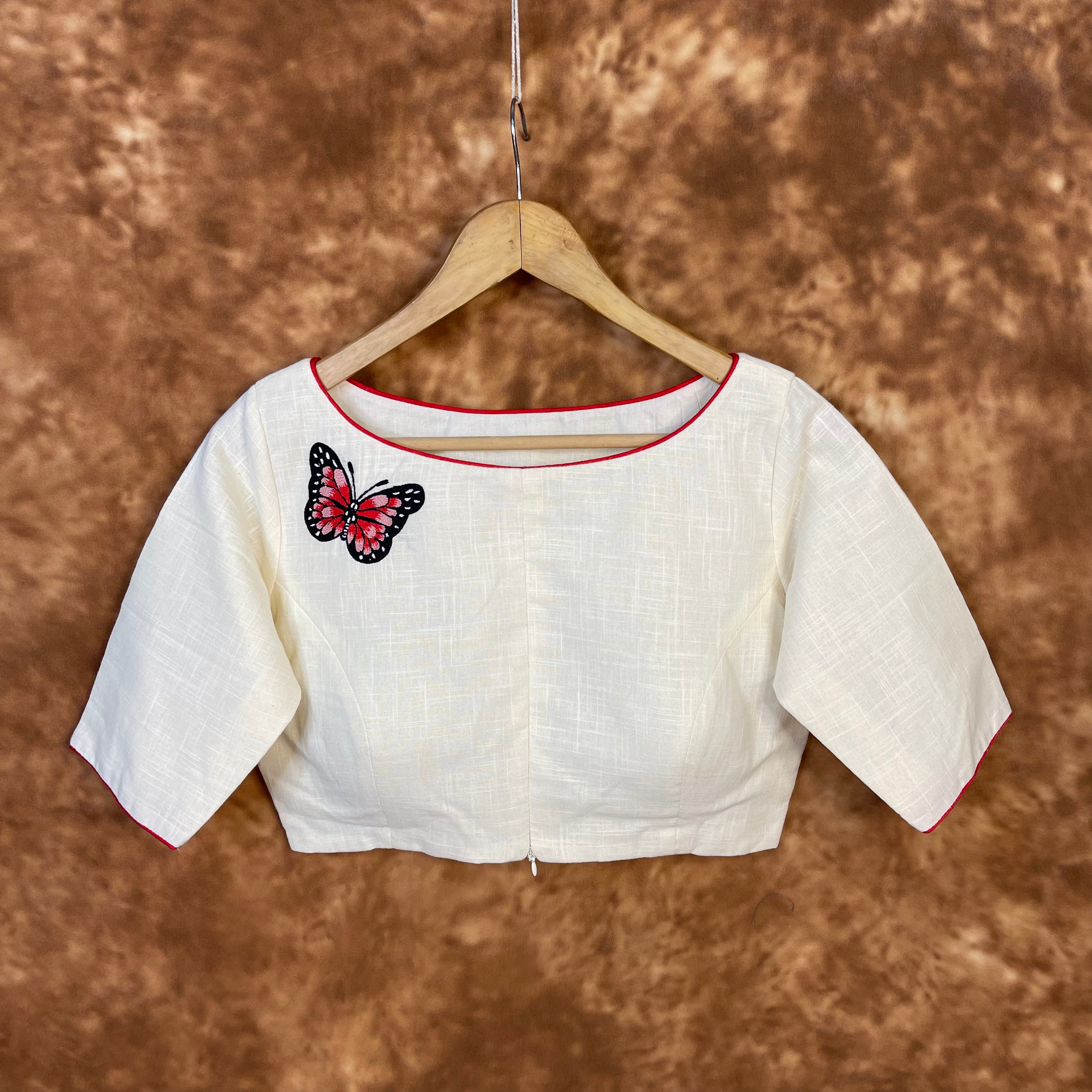 Butterfly Nector Off White Coloured Slub Cotton Ready to Wear Blouse - kapda Tailor - Distacart