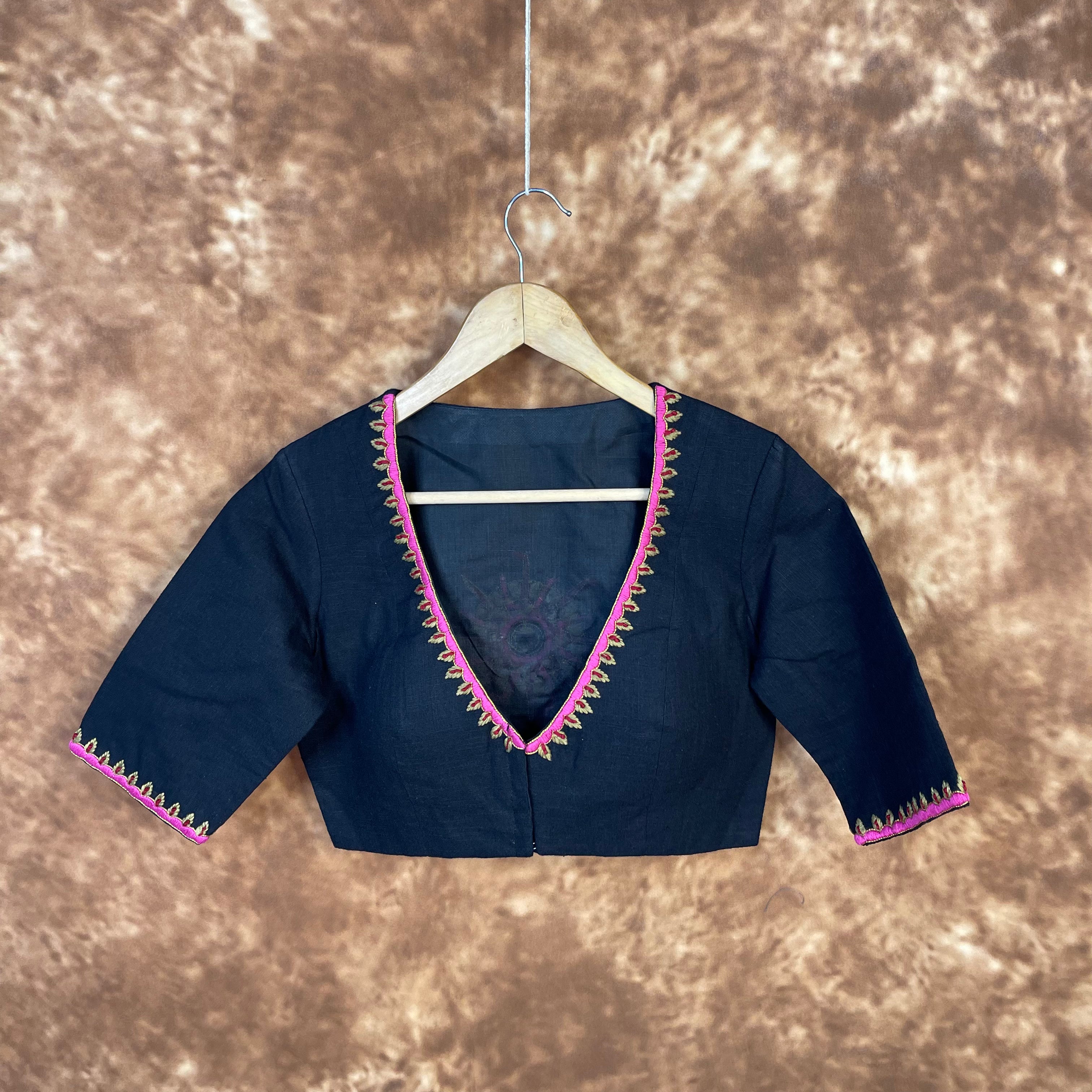 Vivaciously Vibrant Black Coloured Slub Cotton Ready to Wear Blouse - kapda Tailor - Distacart