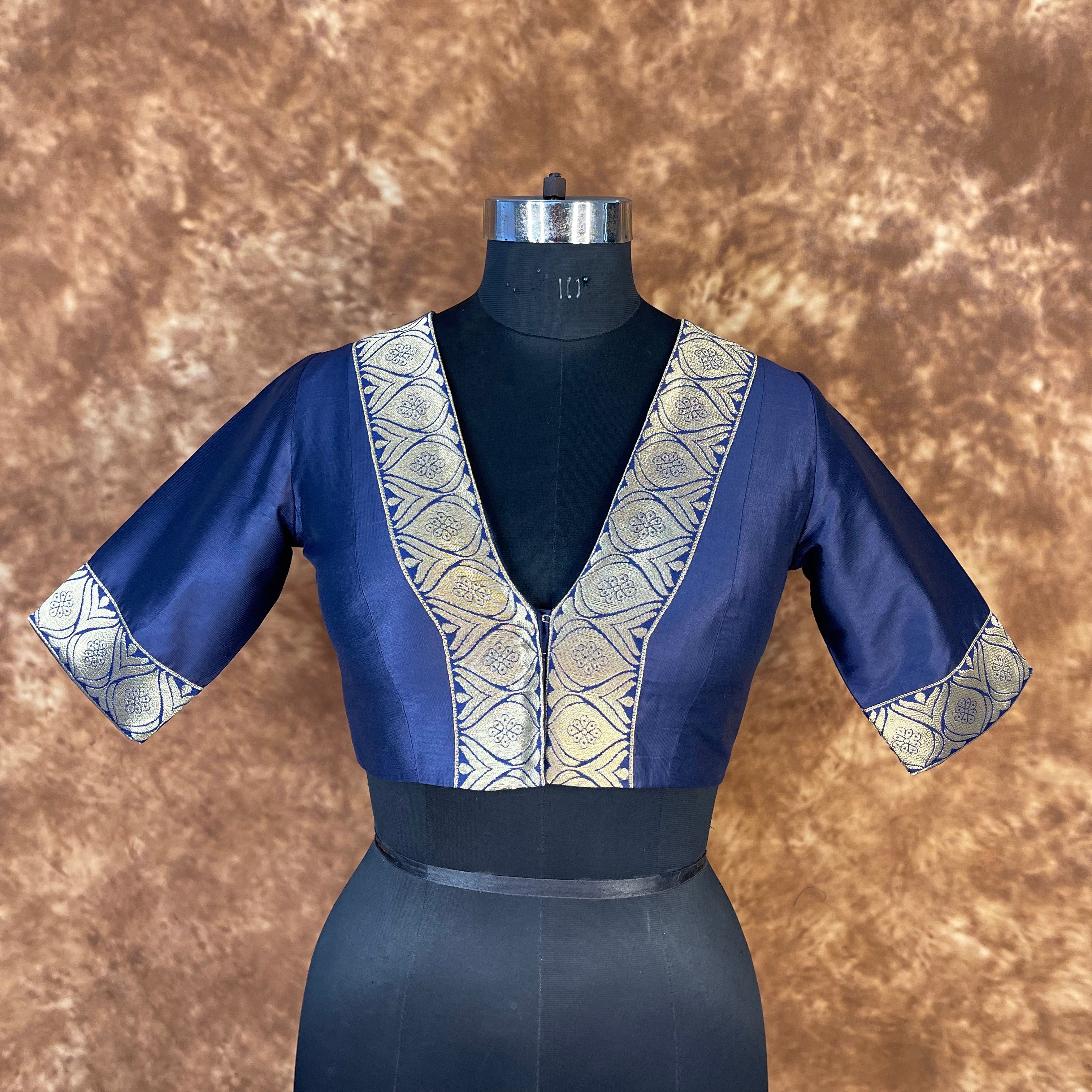 Deep Dive Lush Blue Coloured Silk / Broket Ready to Wear Blouse - kapda Tailor - Distacart