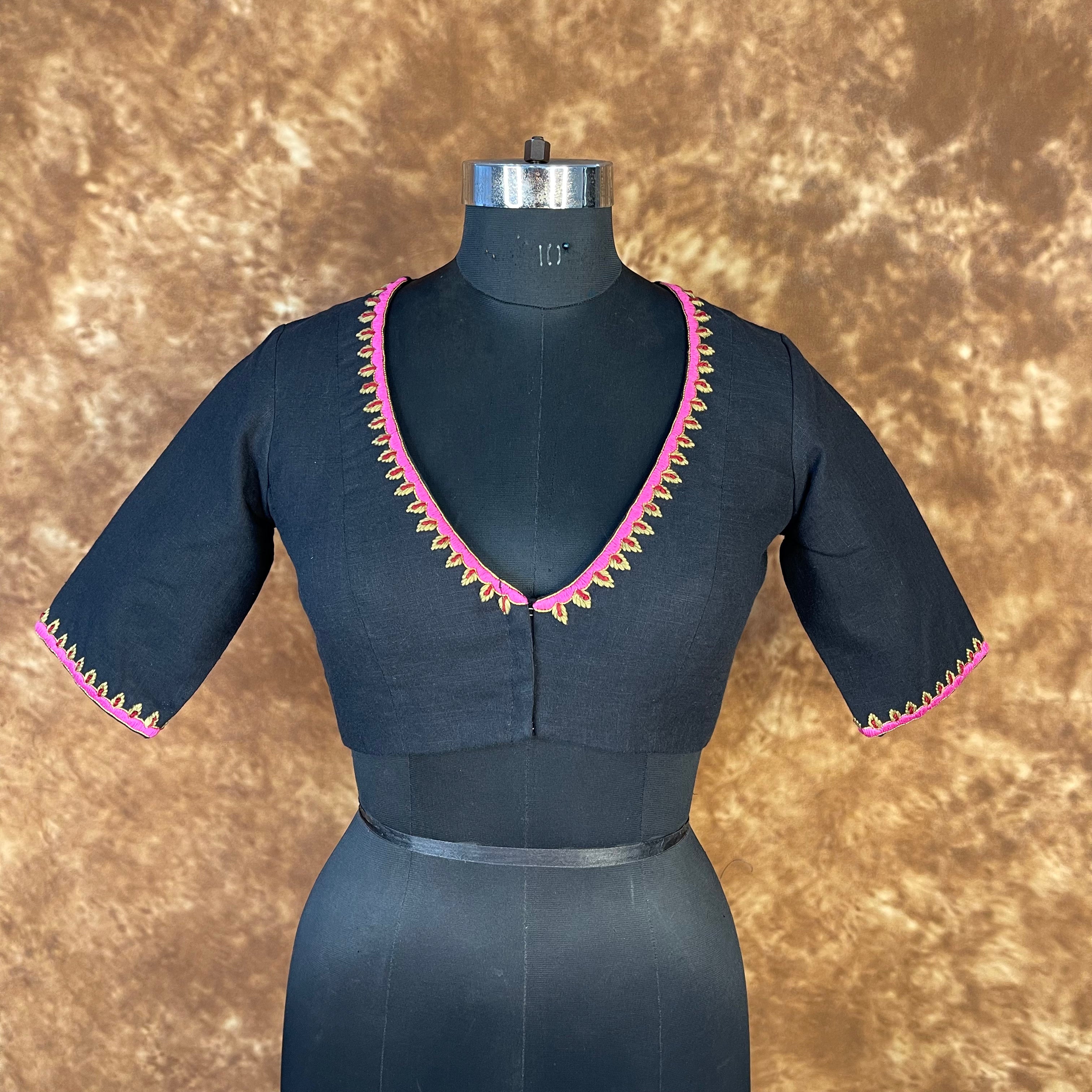 Vivaciously Vibrant Black Coloured Slub Cotton Ready to Wear Blouse - kapda Tailor - Distacart