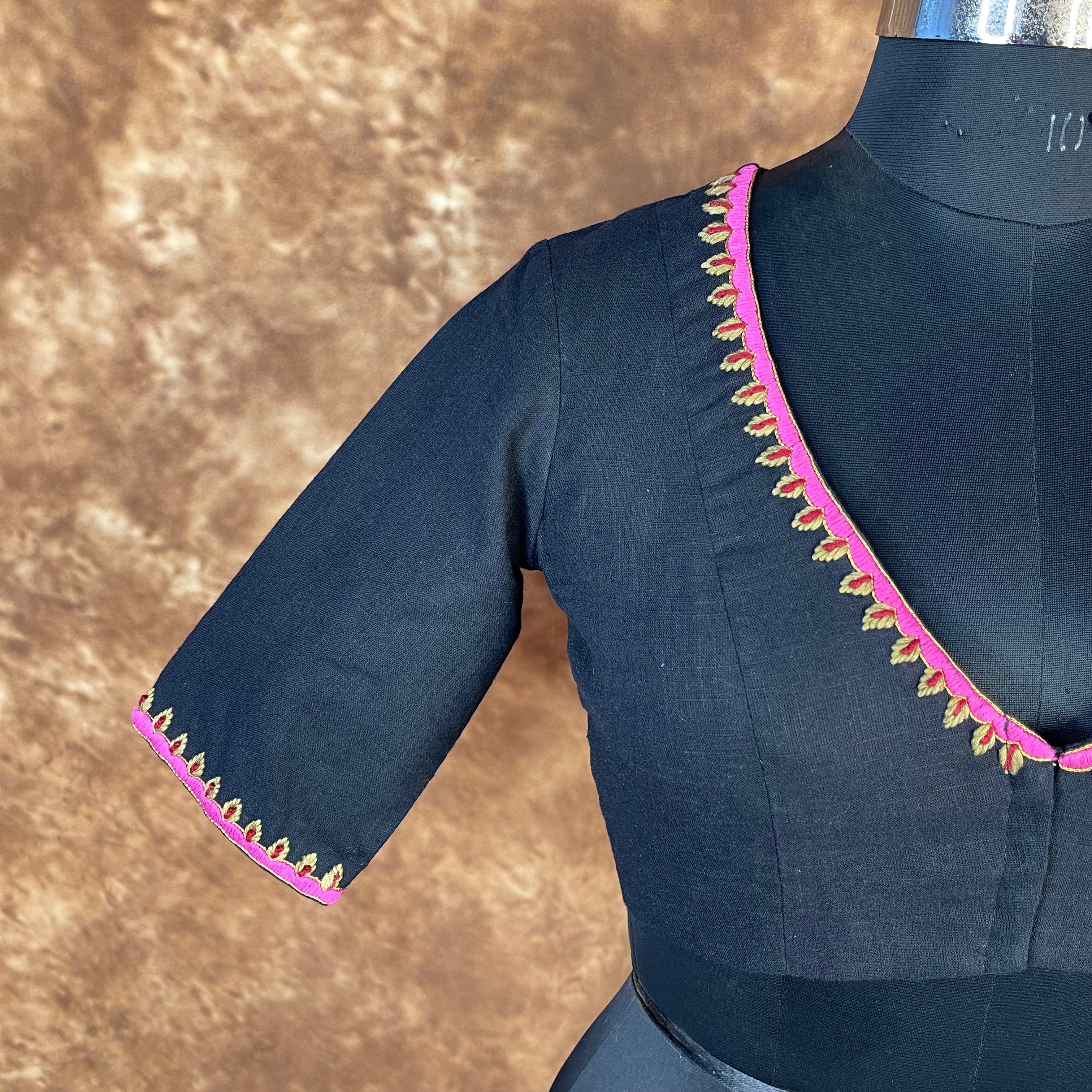 Vivaciously Vibrant Black Coloured Slub Cotton Ready to Wear Blouse - kapda Tailor - Distacart