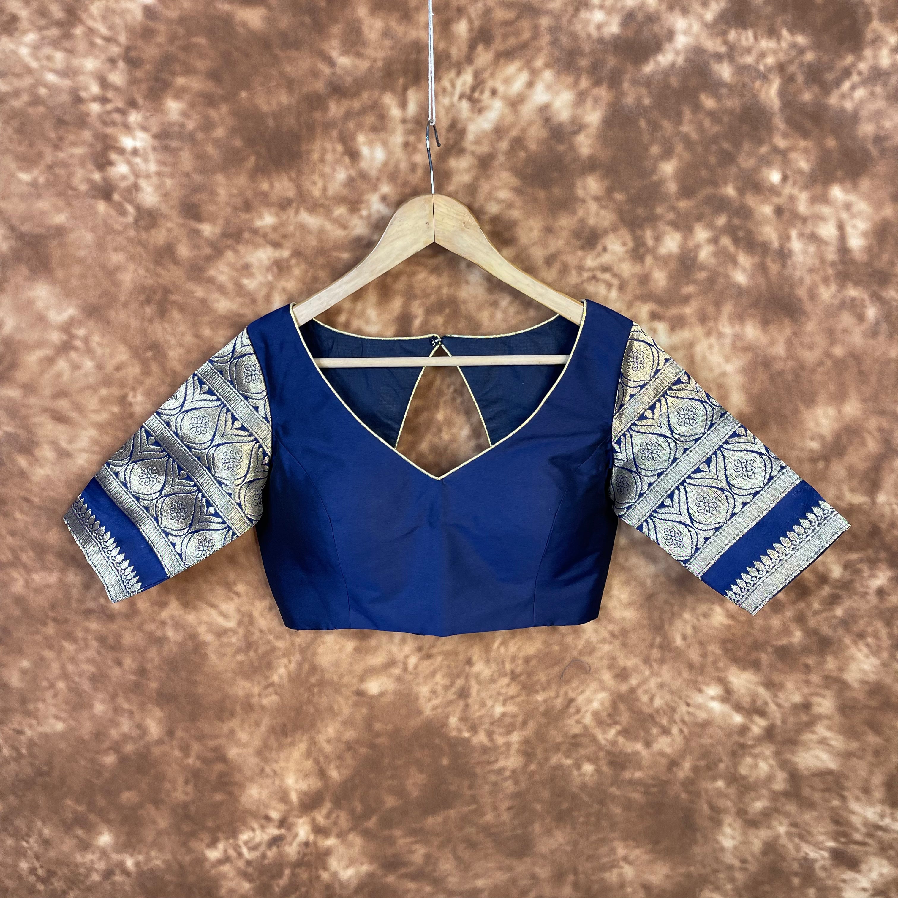 Trypan Blue Blue Coloured Silk / Broket Ready to Wear Blouse - kapda Tailor - Distacart