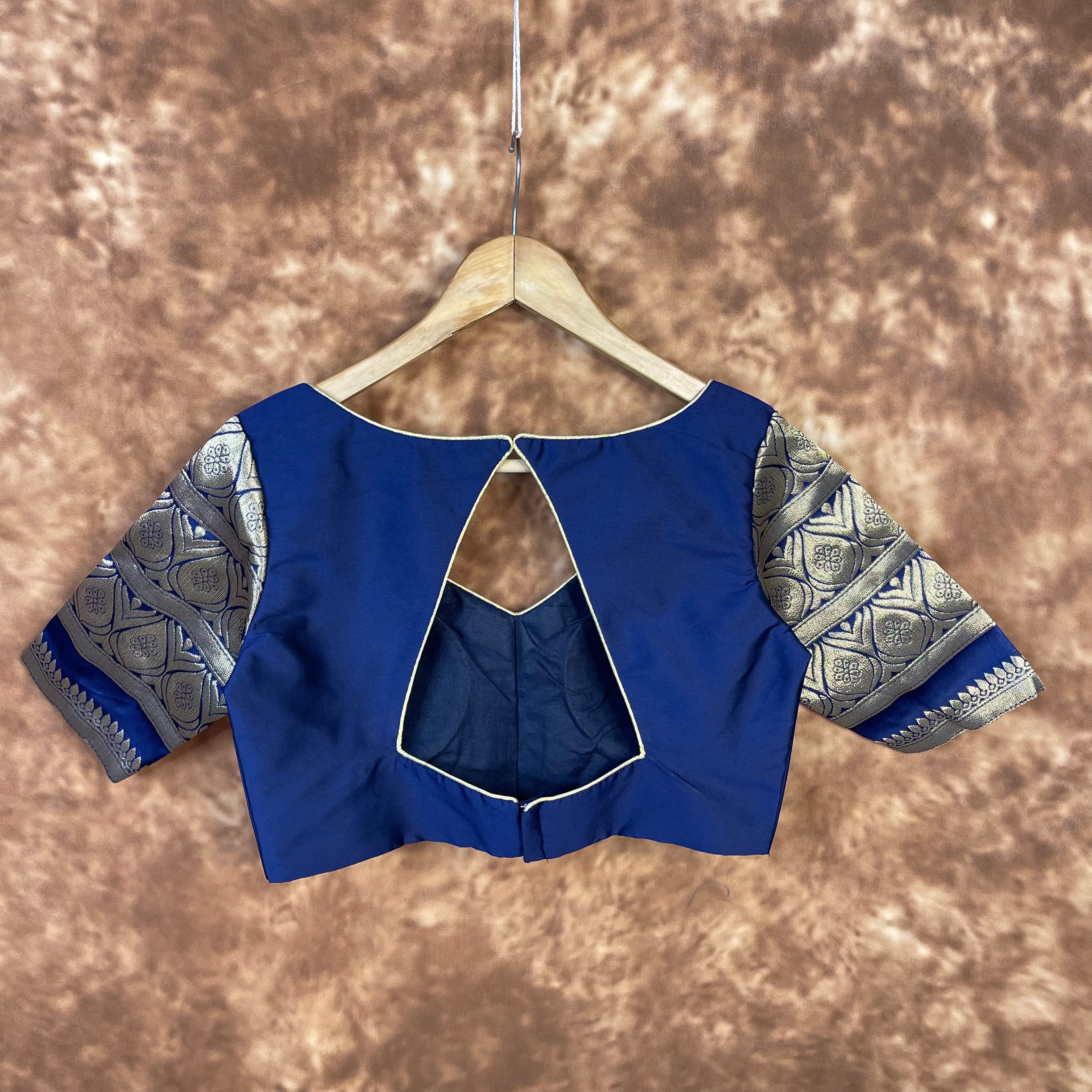 Trypan Blue Blue Coloured Silk / Broket Ready to Wear Blouse - kapda Tailor - Distacart