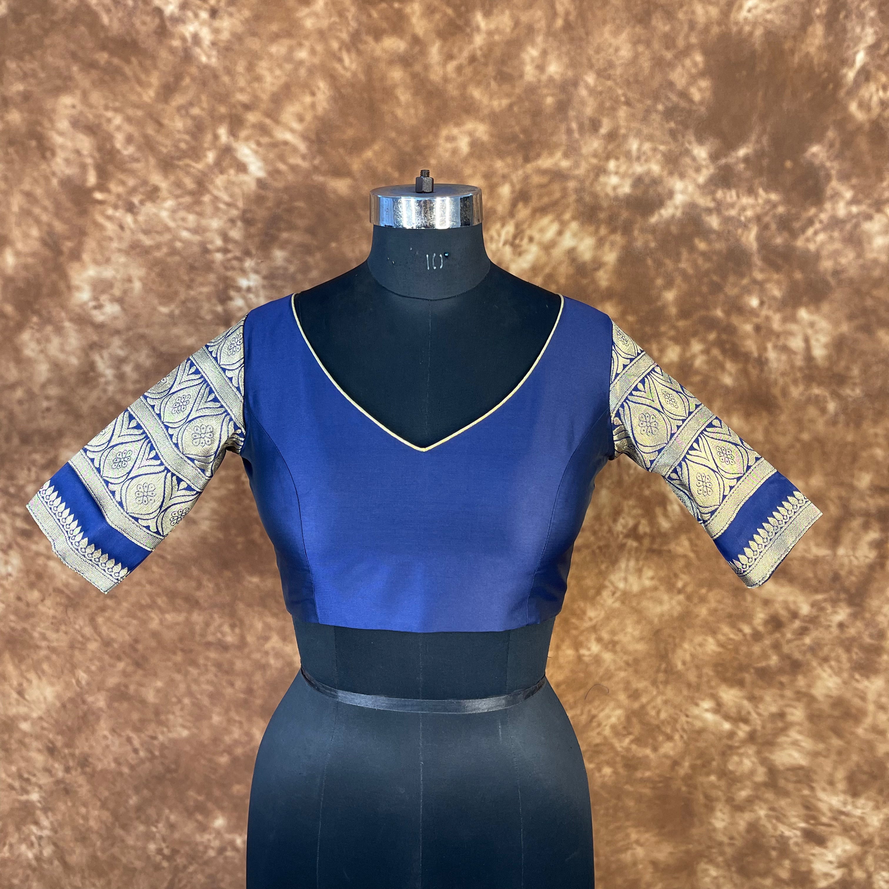 Trypan Blue Blue Coloured Silk / Broket Ready to Wear Blouse - kapda Tailor - Distacart