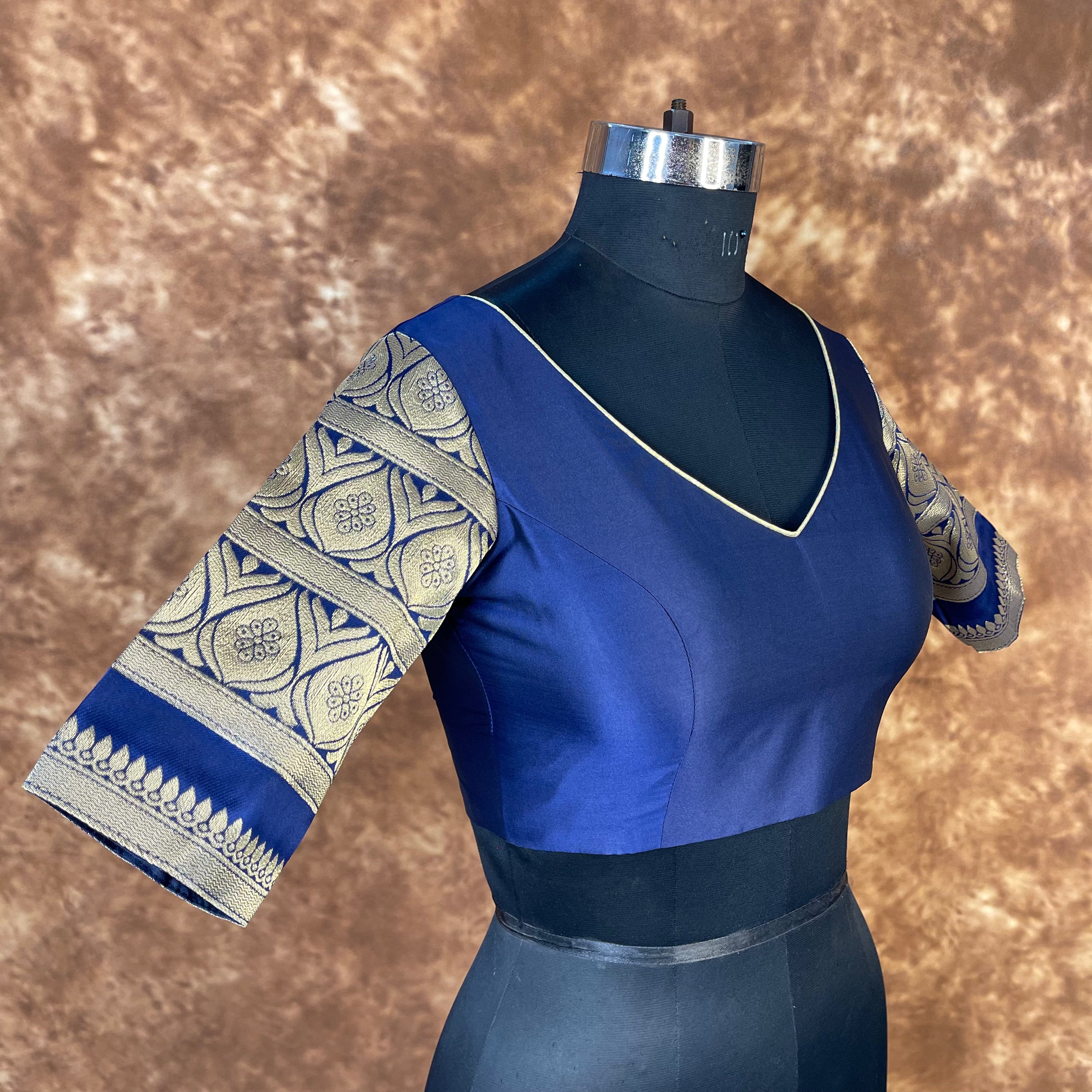 Trypan Blue Blue Coloured Silk / Broket Ready to Wear Blouse - kapda Tailor - Distacart