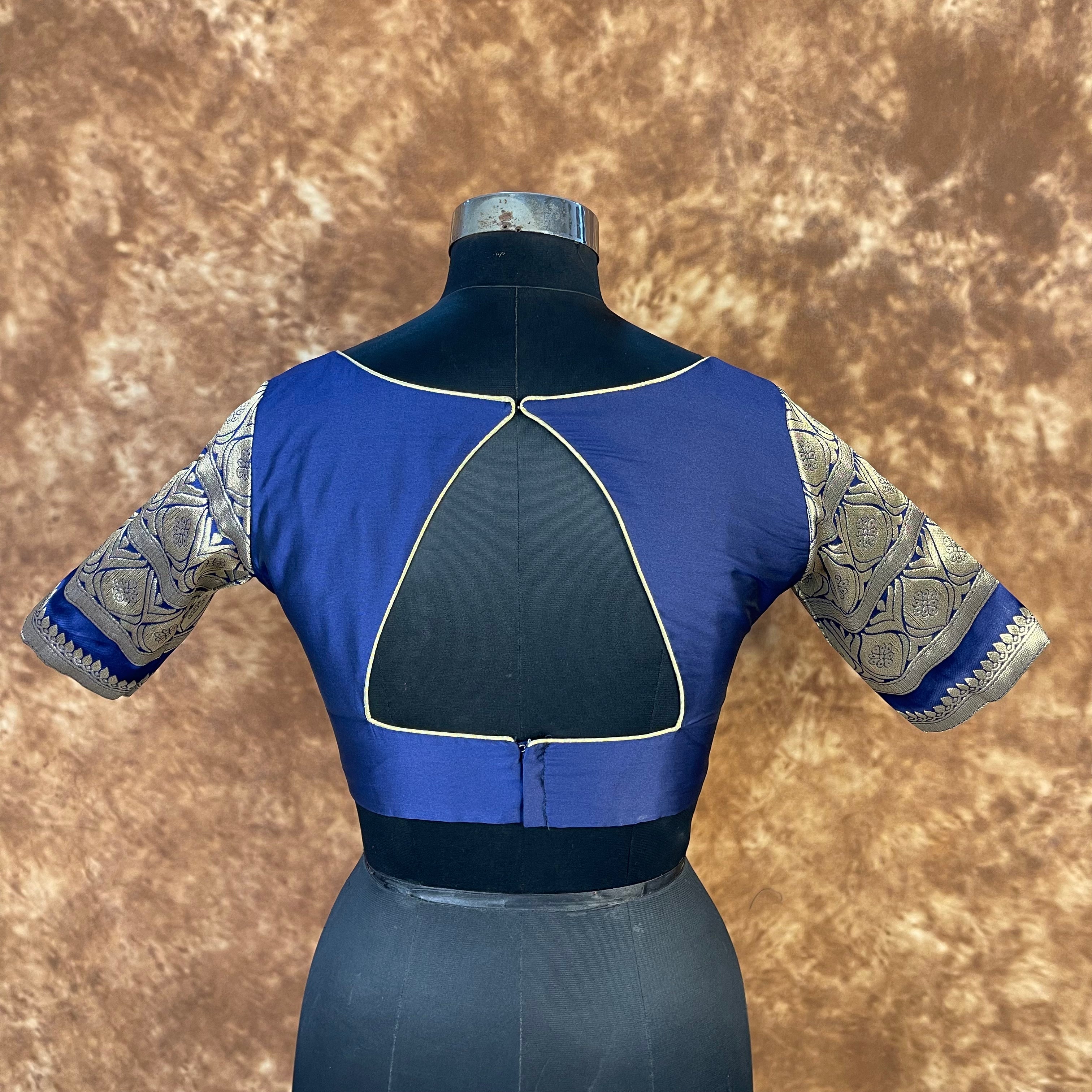 Trypan Blue Blue Coloured Silk / Broket Ready to Wear Blouse - kapda Tailor - Distacart