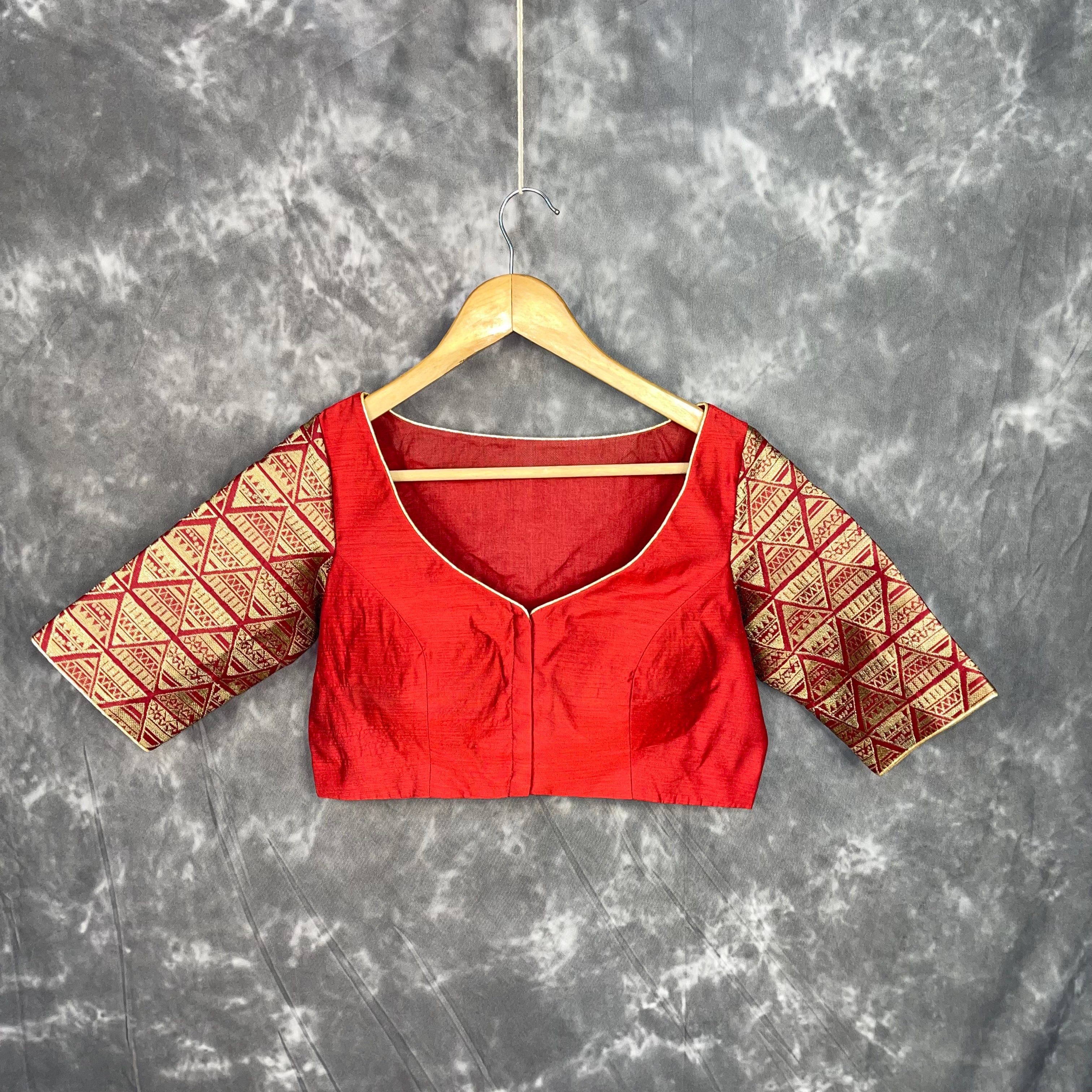 Azaad Paanchi Dark Red Coloured Chanderi Silk / Brocket Ready to Wear Blouse - kapda Tailor - Distacart