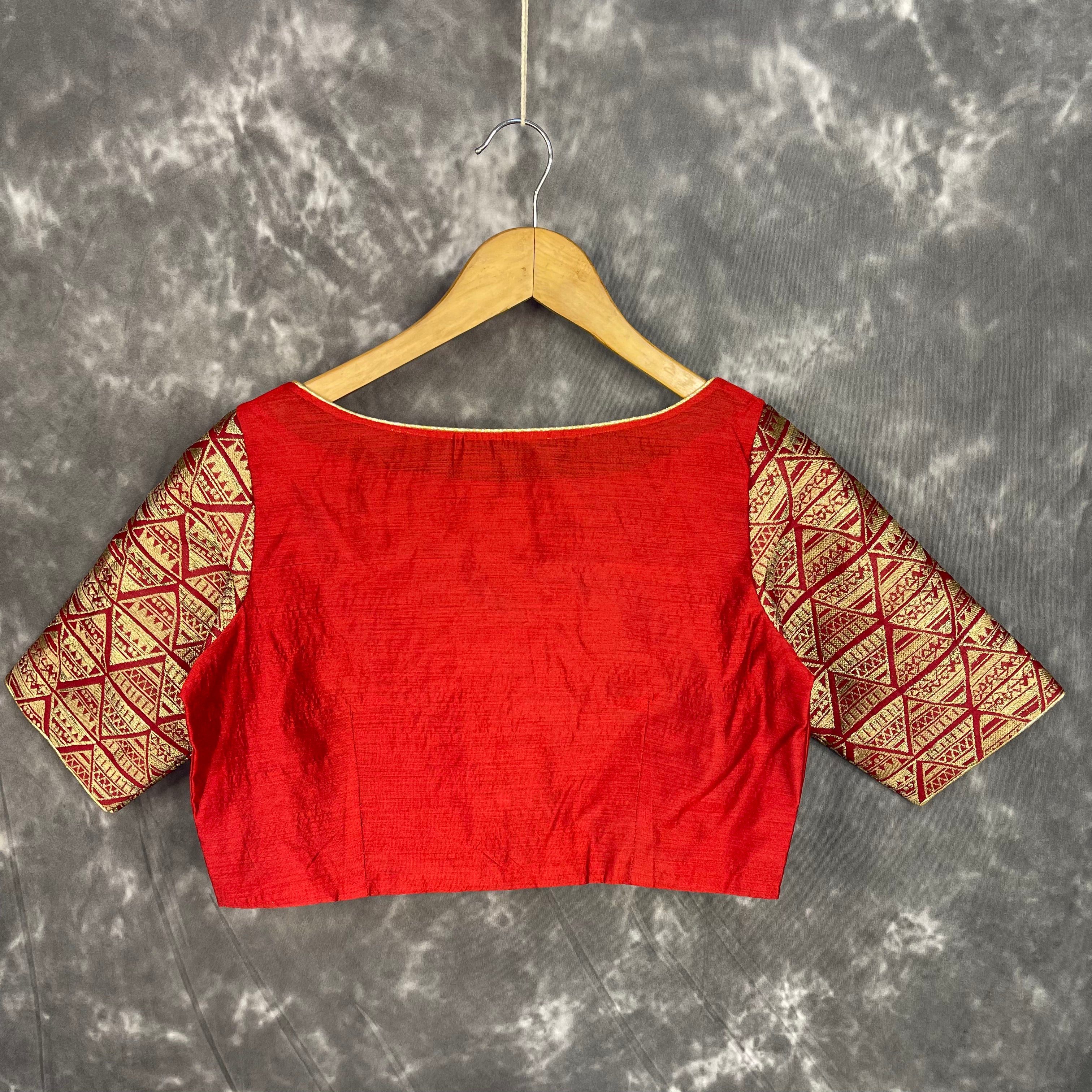 Azaad Paanchi Dark Red Coloured Chanderi Silk / Brocket Ready to Wear Blouse - kapda Tailor - Distacart