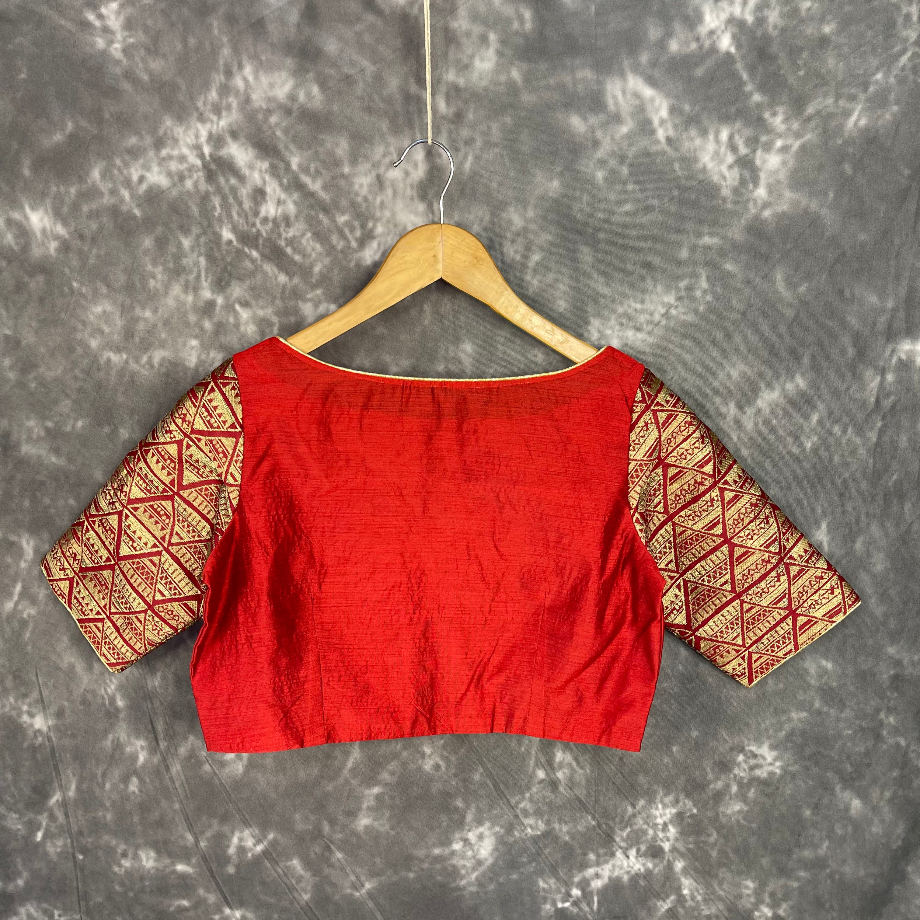 Azaad Paanchi Dark Red Coloured Chanderi Silk / Brocket Ready to Wear Blouse - kapda Tailor - Distacart