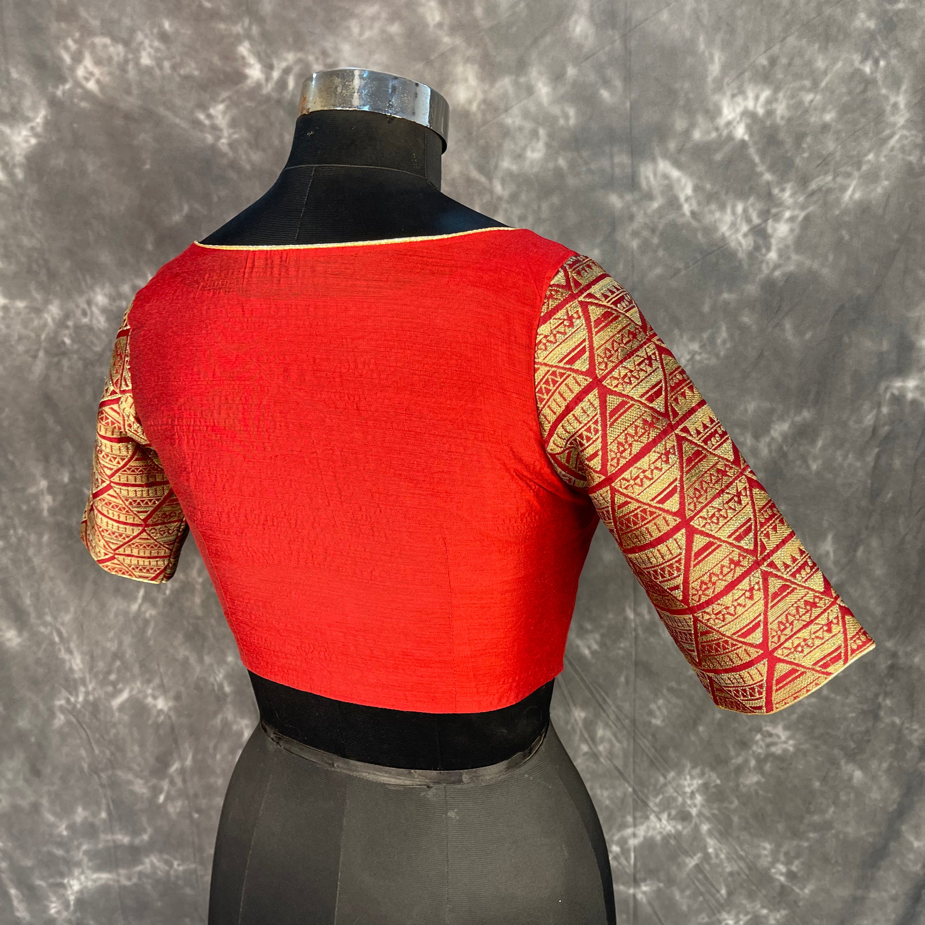 Azaad Paanchi Dark Red Coloured Chanderi Silk / Brocket Ready to Wear Blouse - kapda Tailor - Distacart