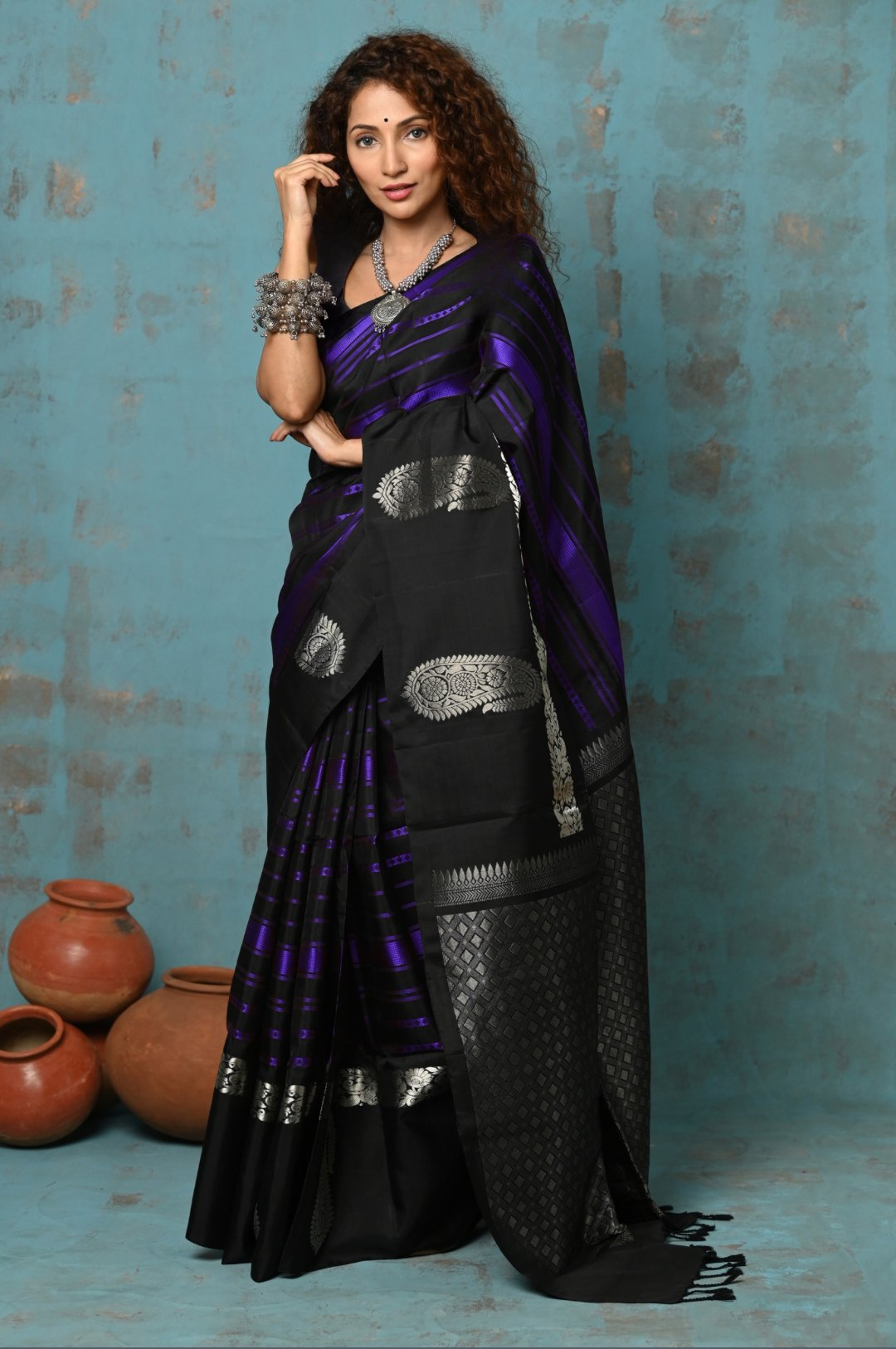 Very Much Indian Anokhi - Handloom Pure Silk Designer Saree - Black and Purple Designer (Limited Edition) - Distacart