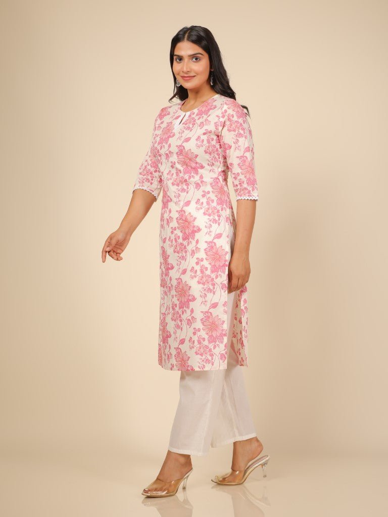 Aramya Straight Soft Cotton Floral Print Women's Kurta - White - Distacart