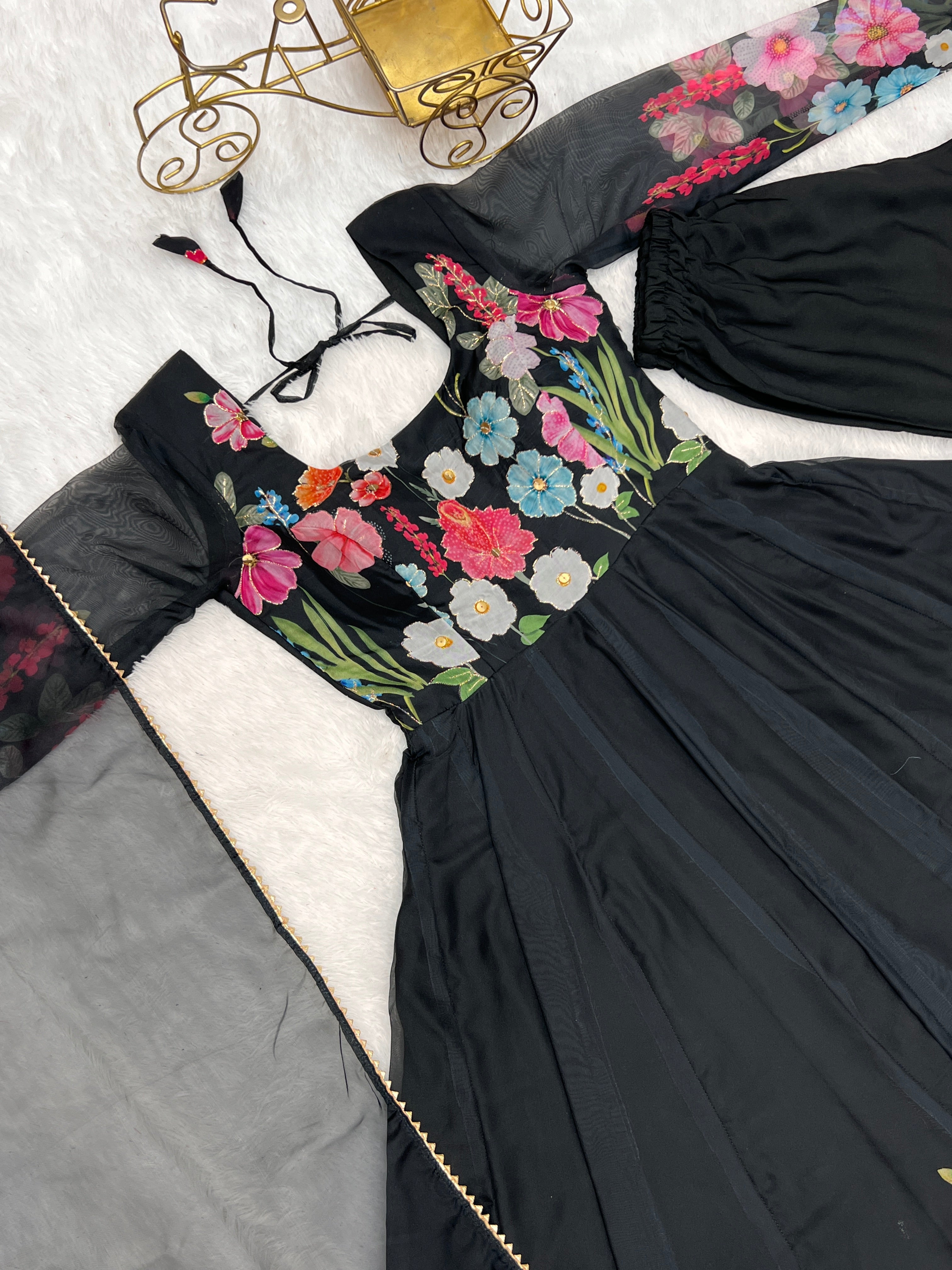 Lorenvalley Fashion Black Soft Organza Silk With Floral Print Fully Flared Anarkali Pant With Dupatta Set - Black - Distacart