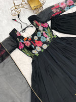 Thumbnail for Lorenvalley Fashion Black Soft Organza Silk With Floral Print Fully Flared Anarkali Pant With Dupatta Set - Black - Distacart