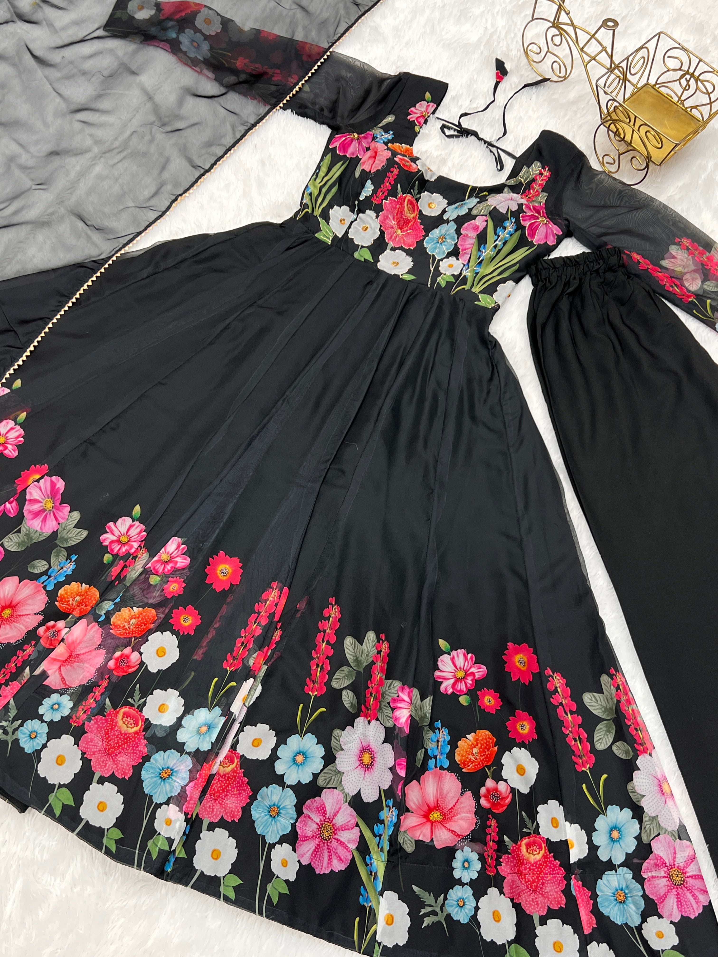 Lorenvalley Fashion Black Soft Organza Silk With Floral Print Fully Flared Anarkali Pant With Dupatta Set - Black - Distacart