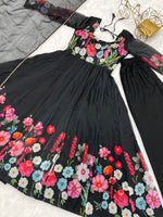 Thumbnail for Lorenvalley Fashion Black Soft Organza Silk With Floral Print Fully Flared Anarkali Pant With Dupatta Set - Black - Distacart