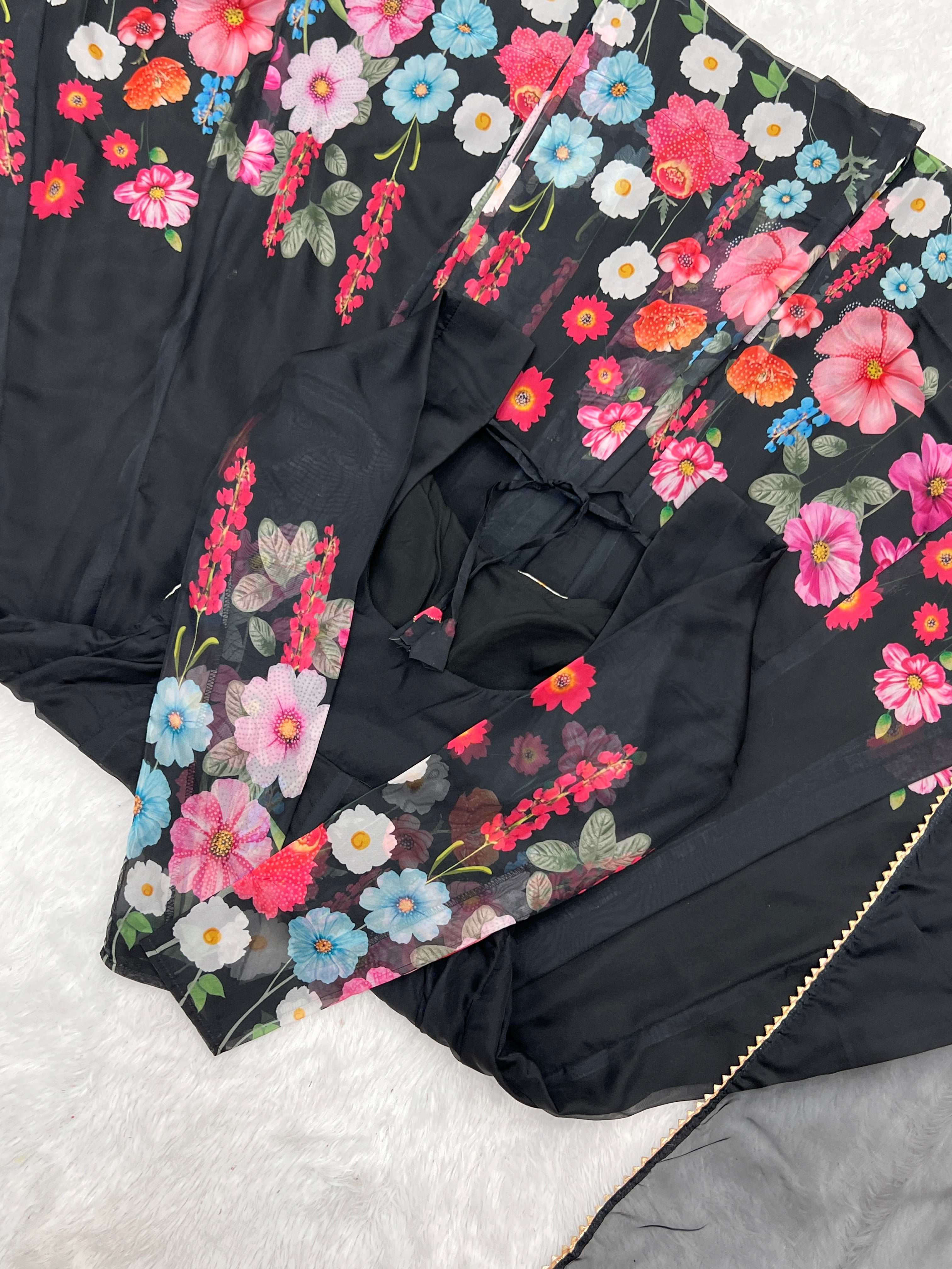 Lorenvalley Fashion Black Soft Organza Silk With Floral Print Fully Flared Anarkali Pant With Dupatta Set - Black - Distacart