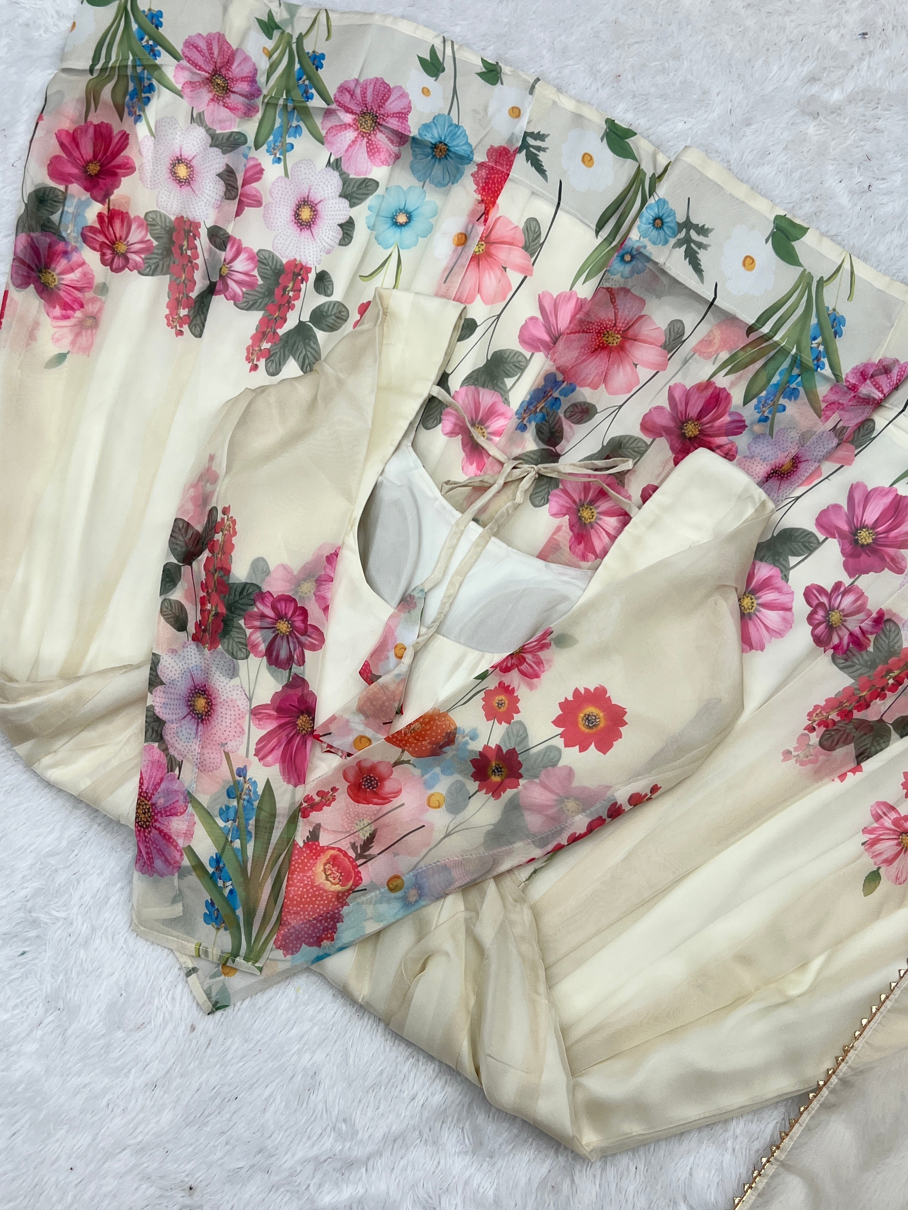 Lorenvalley Fashion Cream Soft Organza Silk With Floral Print Fully Flared Anarkali Pant With Dupatta Set - Cream - Distacart
