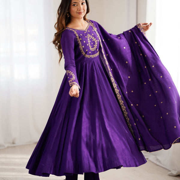 Evanik Women Purple Embroidered Beads Work Anarkali Kurta with Dupatta - Distacart