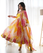 Thumbnail for Lorenvalley Fashion Women Pure Soft Organza Silk Print With Kali Pattern Fully Flair Anarkali With Pant Dupatta Set - Yellow - Distacart