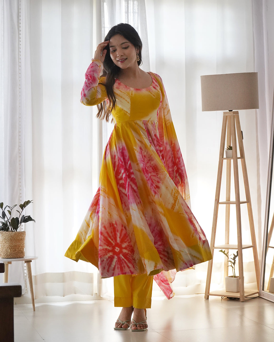 Lorenvalley Fashion Women Pure Soft Organza Silk Print With Kali Pattern Fully Flair Anarkali With Pant Dupatta Set - Yellow - Distacart