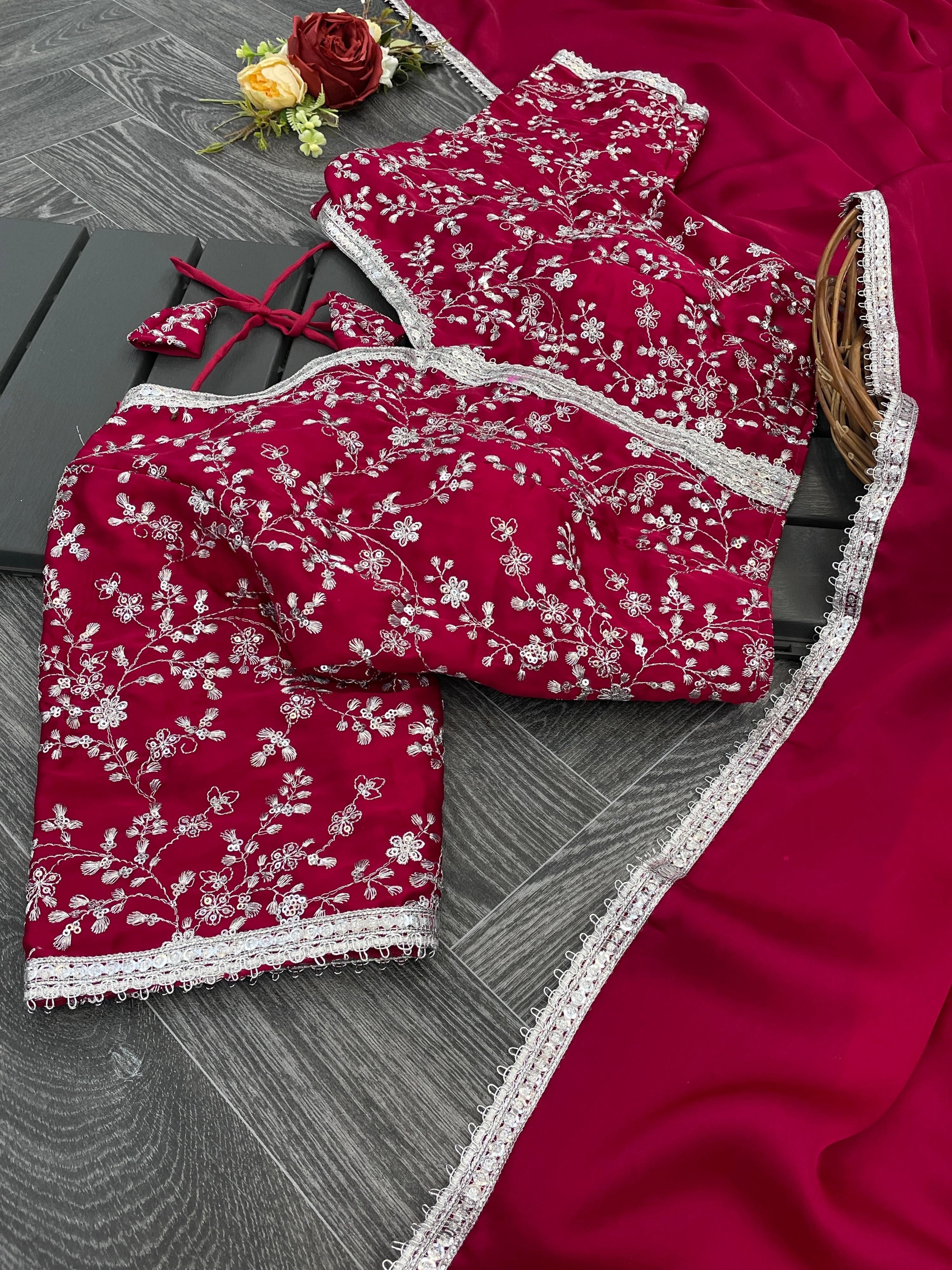 Lorenvalley Fashion Premium Magenta Georgette Satin Saree with Stitched Embroidery Blouse - Distacart