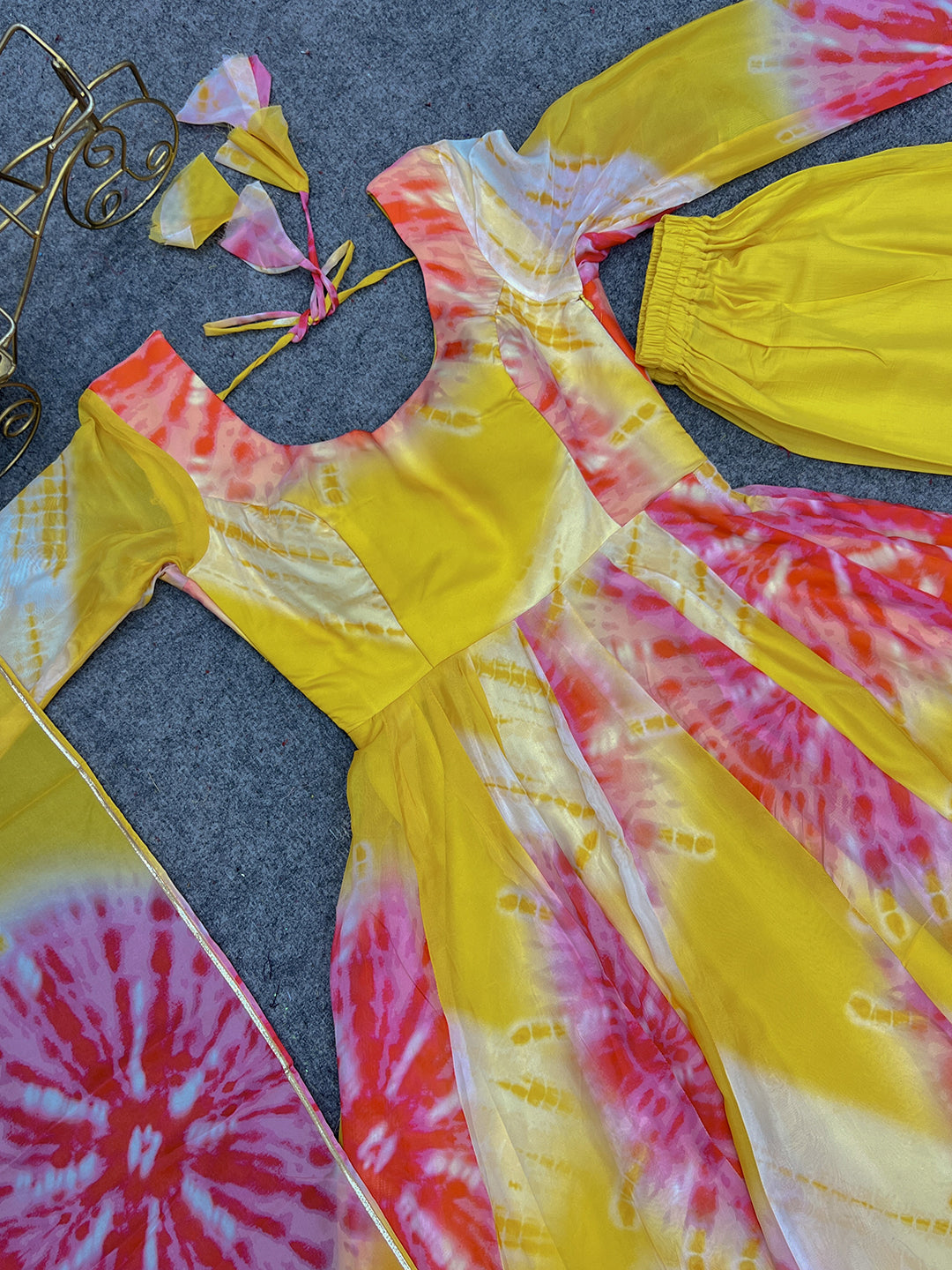 Lorenvalley Fashion Women Pure Soft Organza Silk Print With Kali Pattern Fully Flair Anarkali With Pant Dupatta Set - Yellow - Distacart