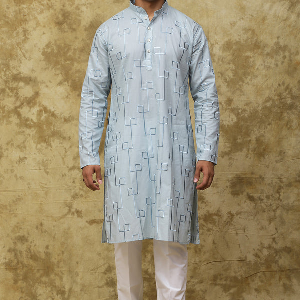 Bluesaanchi Men's Cotton Zari Embroidered Kurta Set - Sky Blue - Distacart